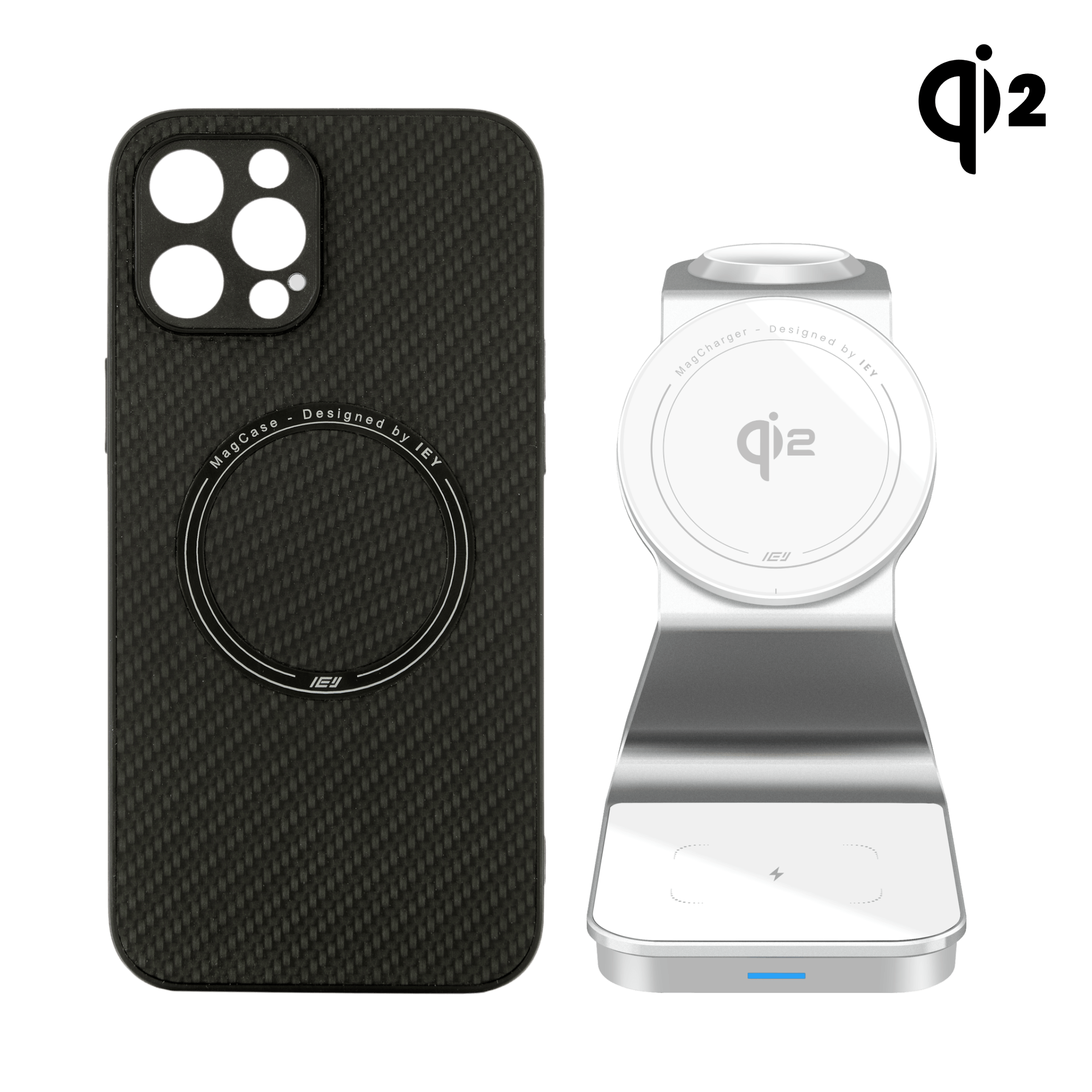 Combo IEY de funda MagSafe Carbon Negra y estación 3 en 1 con Tecnología Qi2 en color blanco #color_blanco