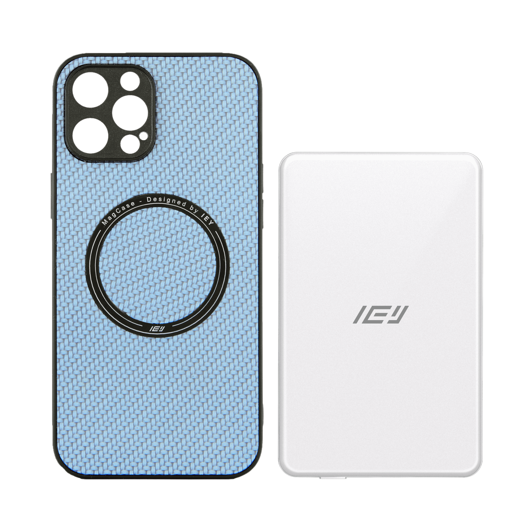 Combo MagSafe IEY con funda carbon y batería inalámbrica 5000 mAh con MagSafe, diseño minimalista y premium. #color_gris plateado
