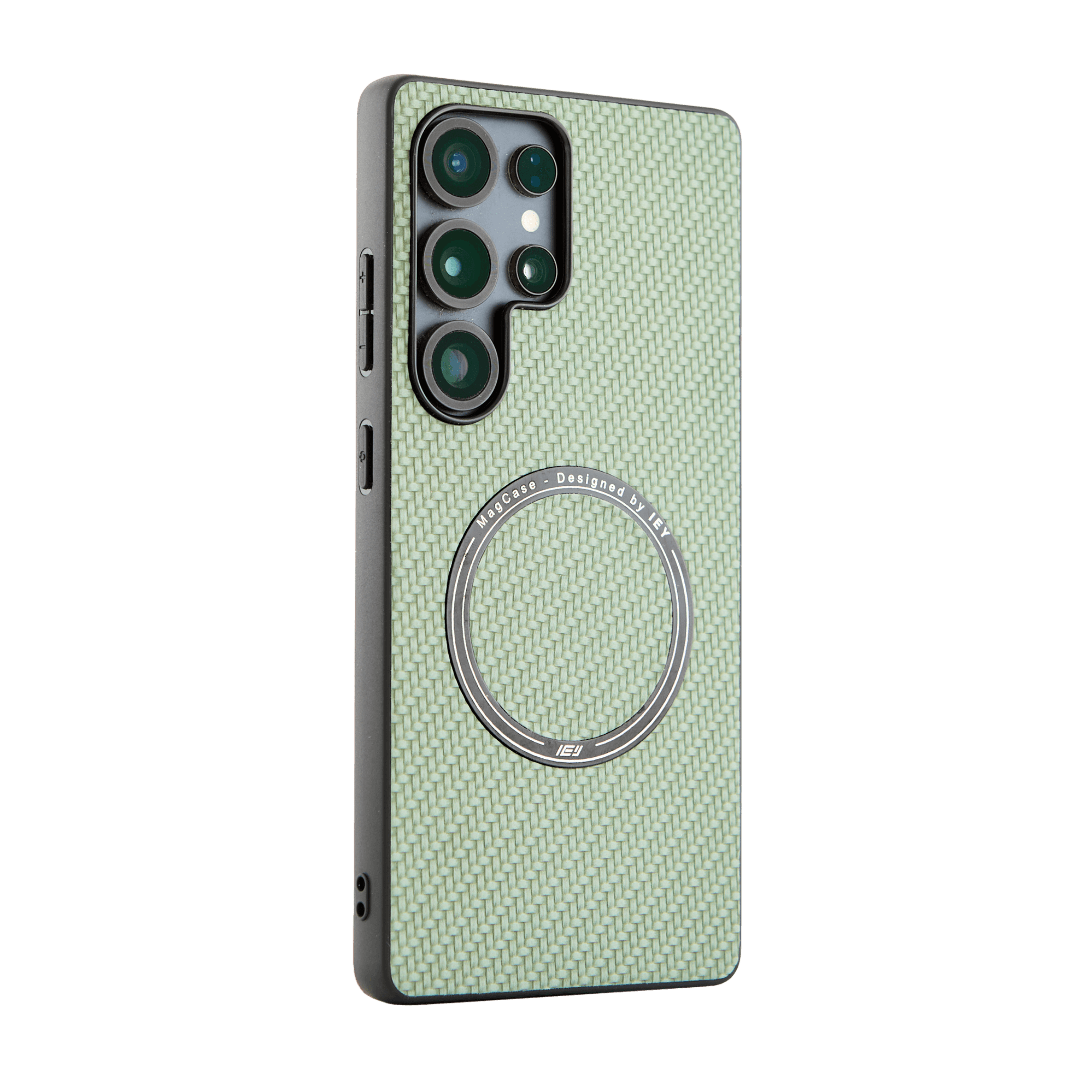 Funda MagSafe texturizada en vista frontal, diseño verde con acabado fibra de carbono y aro imantado grabado con logo IEY #color_verde