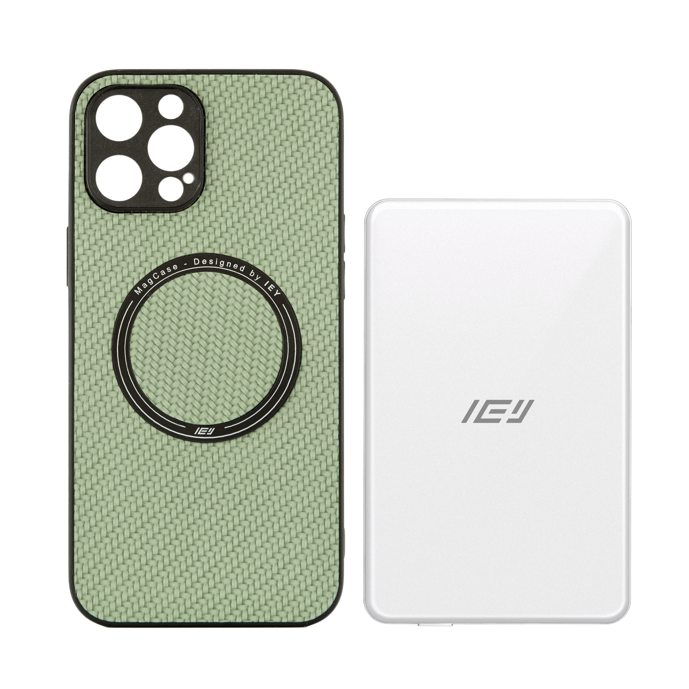 Combo MagSafe IEY con funda carbon y batería inalámbrica 5000 mAh con MagSafe, diseño minimalista y premium. #color_gris plateado