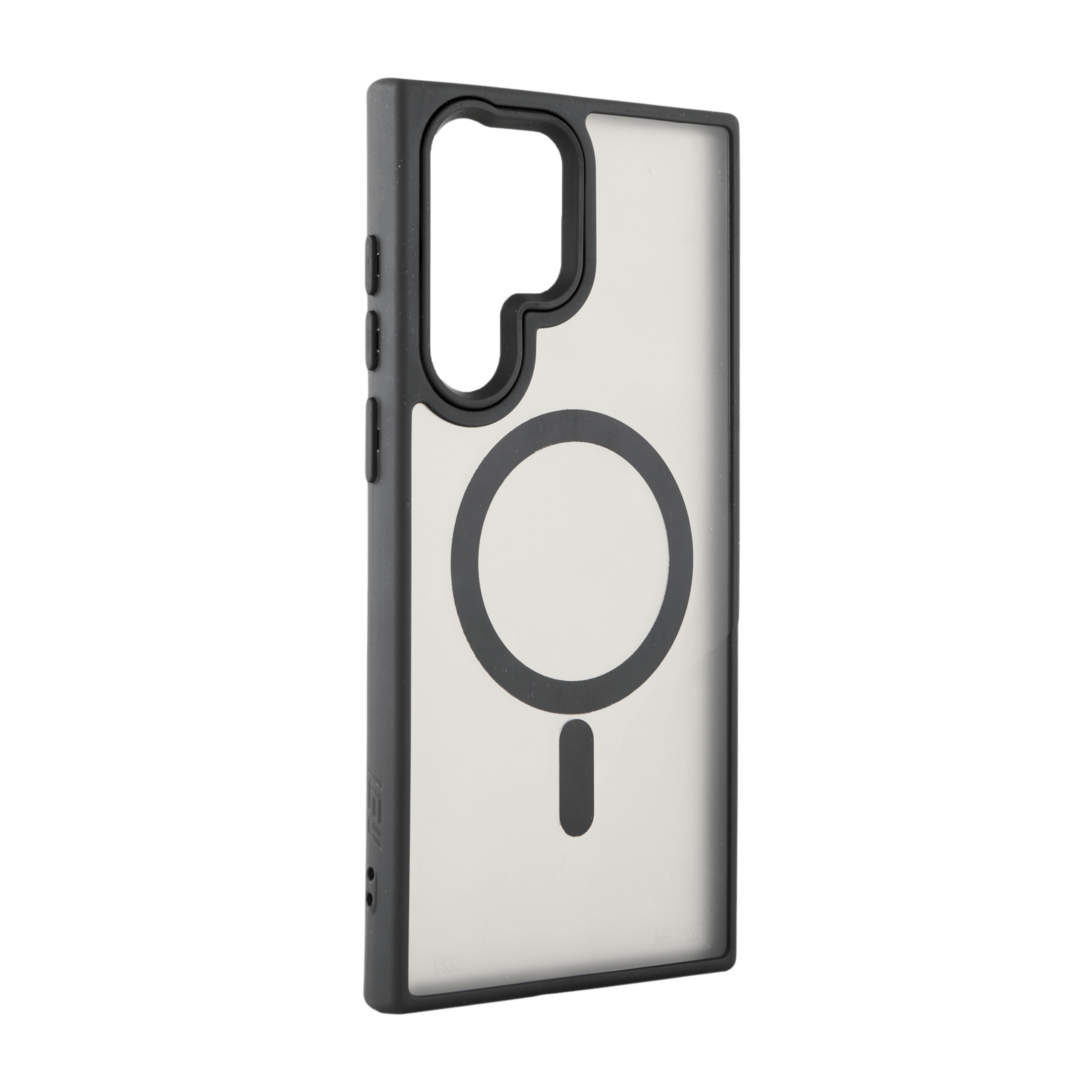 Funda MagSafe transparente con borde negro para Samsung Galaxy, vista lateral.