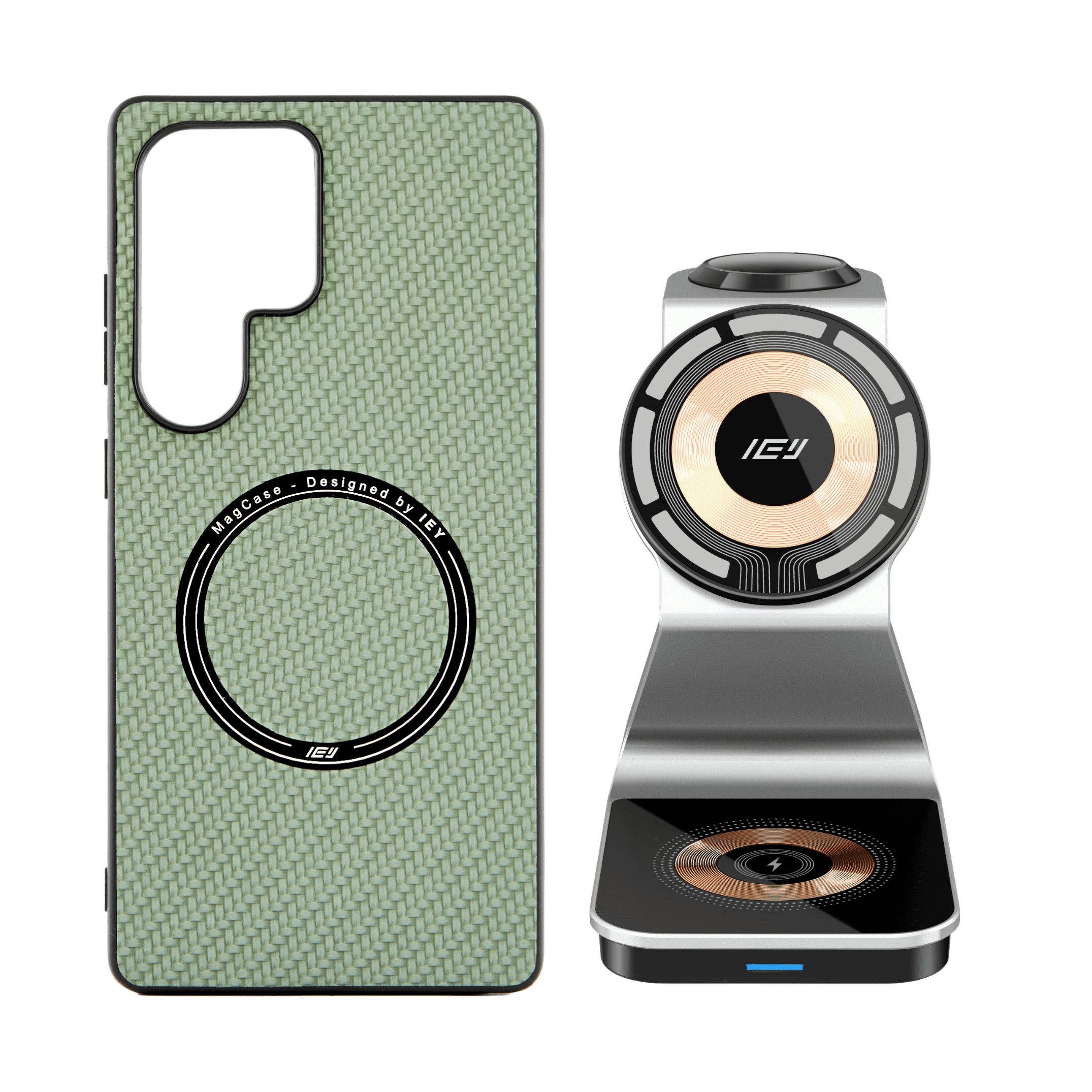 Combo IEY de funda MagSafe Samsung y estación 3 en 1 en color negro #color_gris plateado