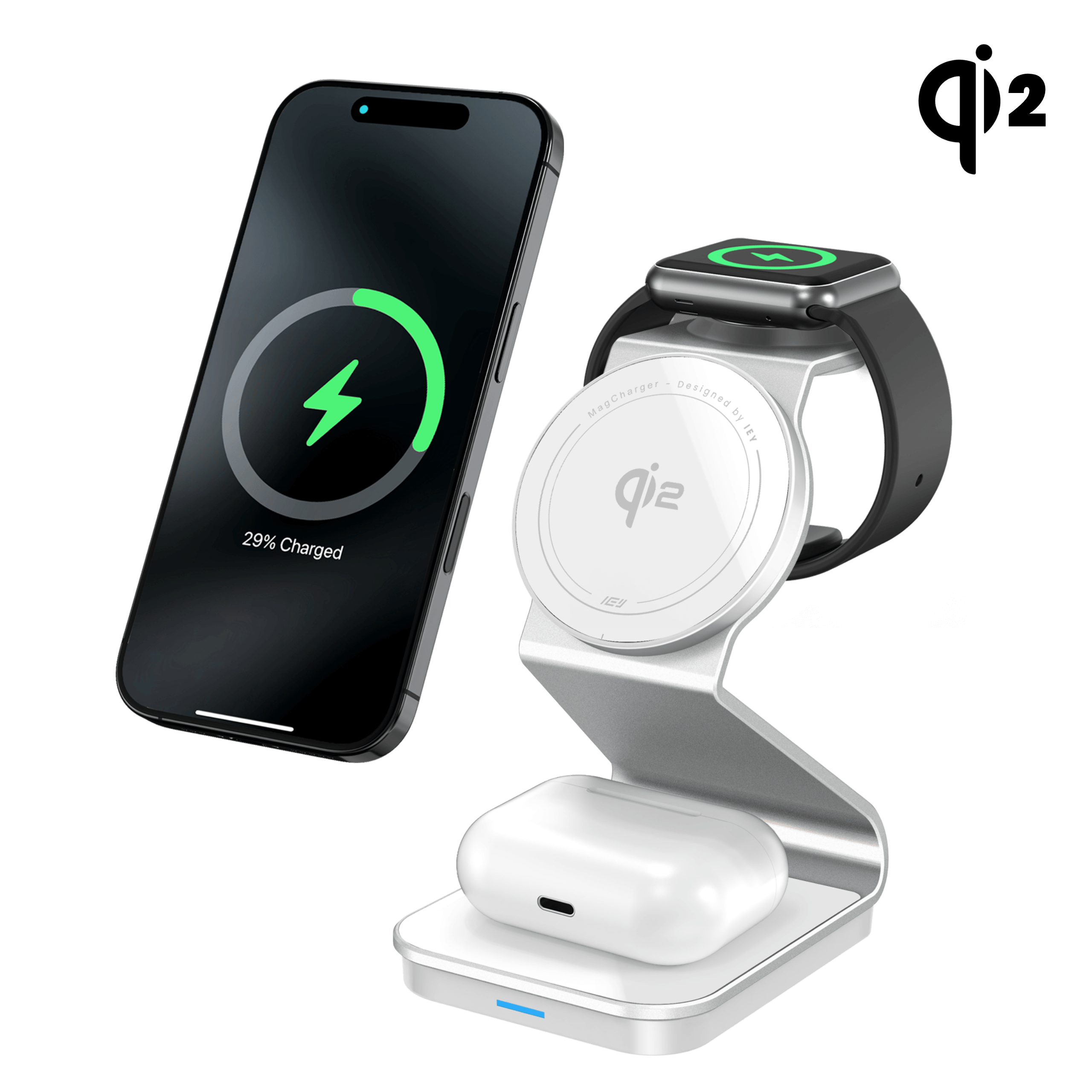 Estación de carga inalámbrica 3 en 1 con tecnología Qi2 MagCharger con iPhone, Apple Watch y AirPods en uso #color_blanco