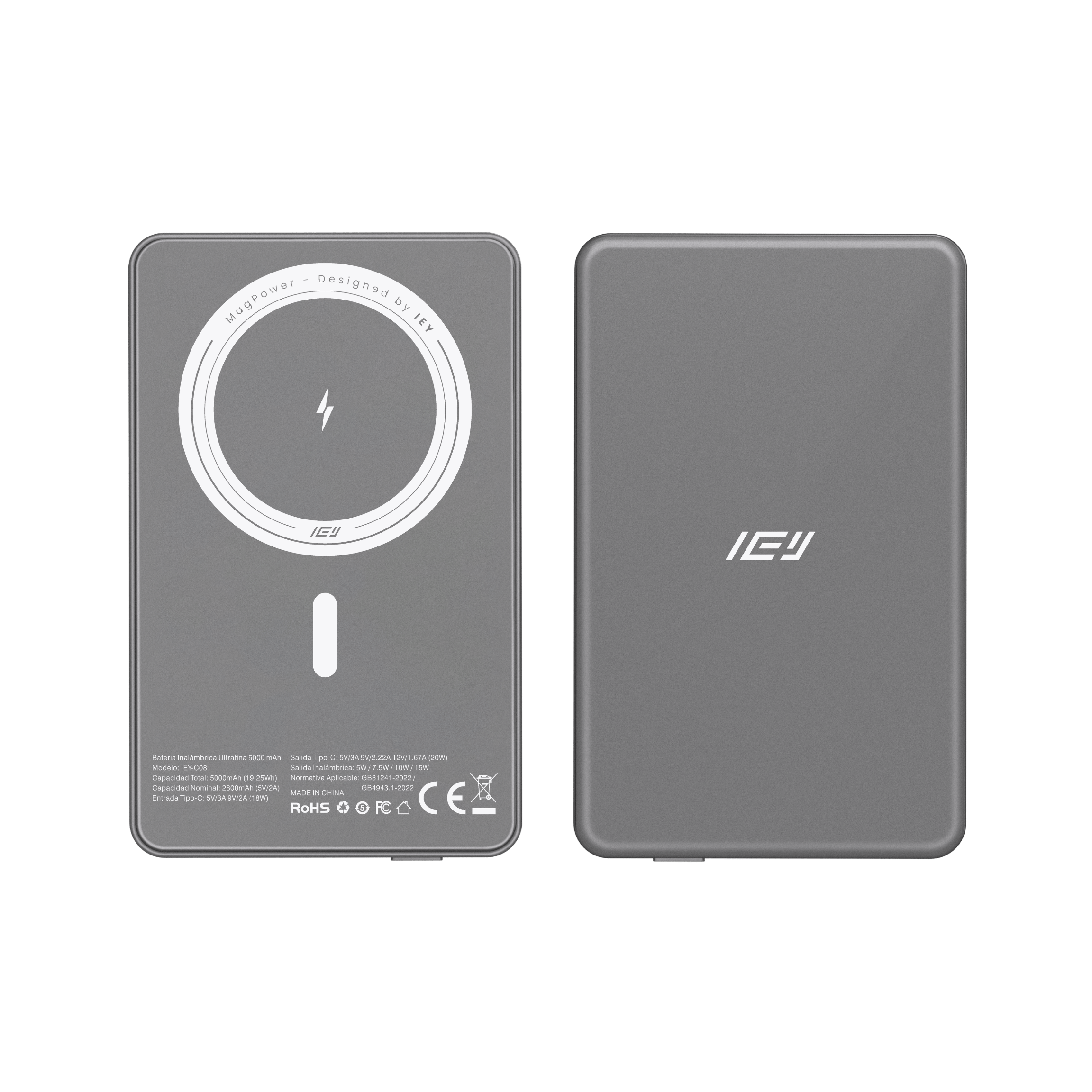 Power Bank MagPower 5000mAh gris con carga inalámbrica rápida y diseño ultrafino #color_gris azulado