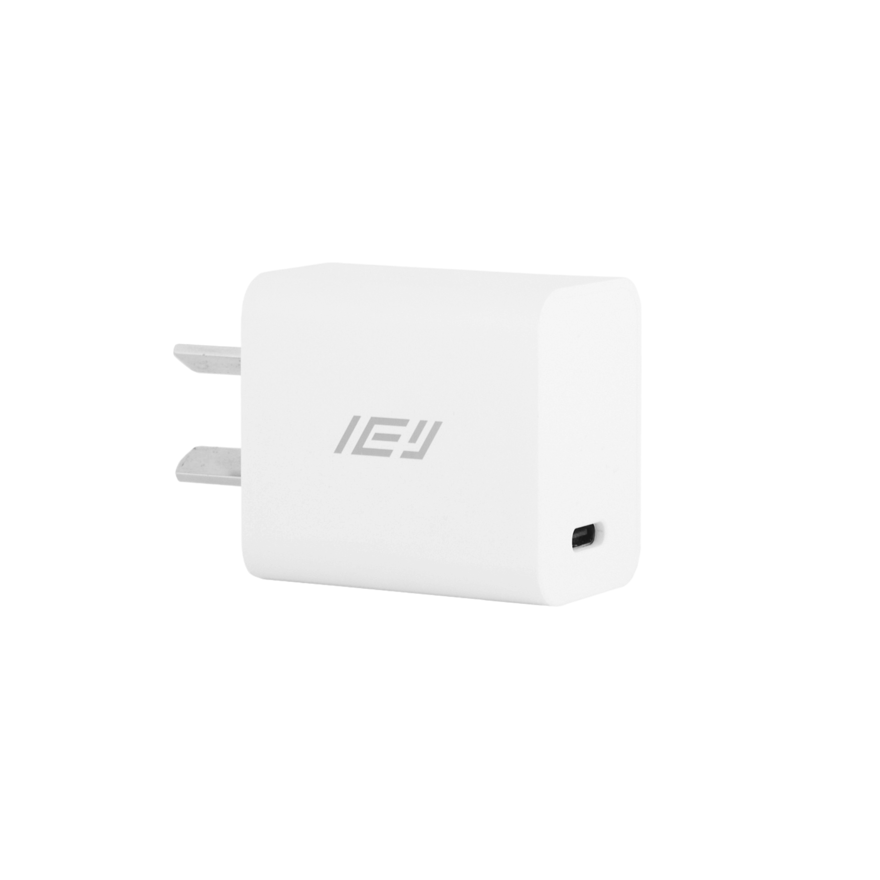 Cargador rápido de pared IEY de 20W en color blanco, compacto y compatible con dispositivos USB-C como iPhone y Android #color_blanco