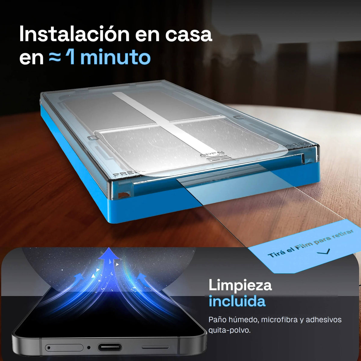 Instalación de vidrio templado ApplyFit™ en casa en aproximadamente 1 minuto, con aplicador y kit de limpieza incluido.