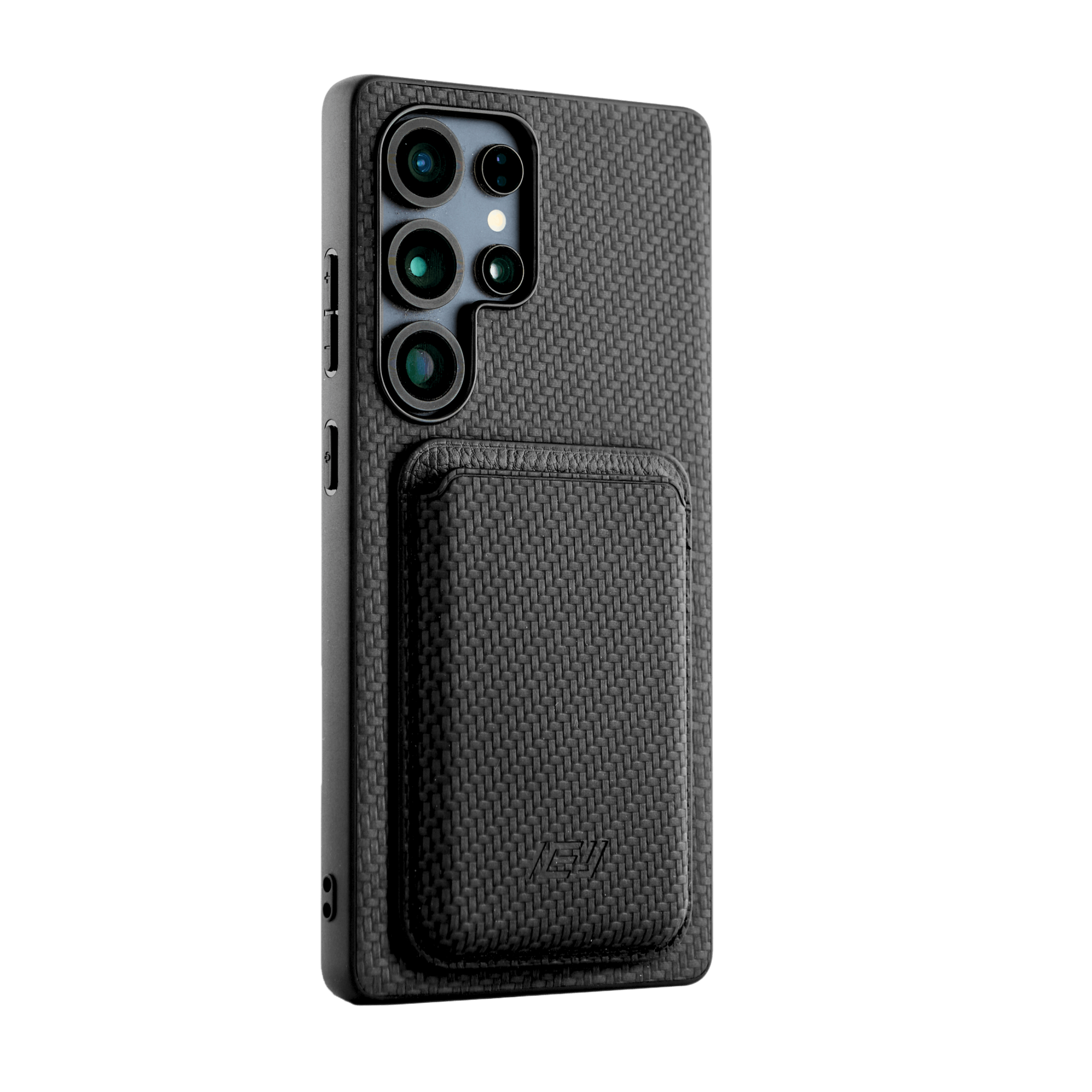 Funda MagSafe Carbon negra con anillo magnético visible, sobre fondo blanco, diseño robusto y elegante. #color_negro