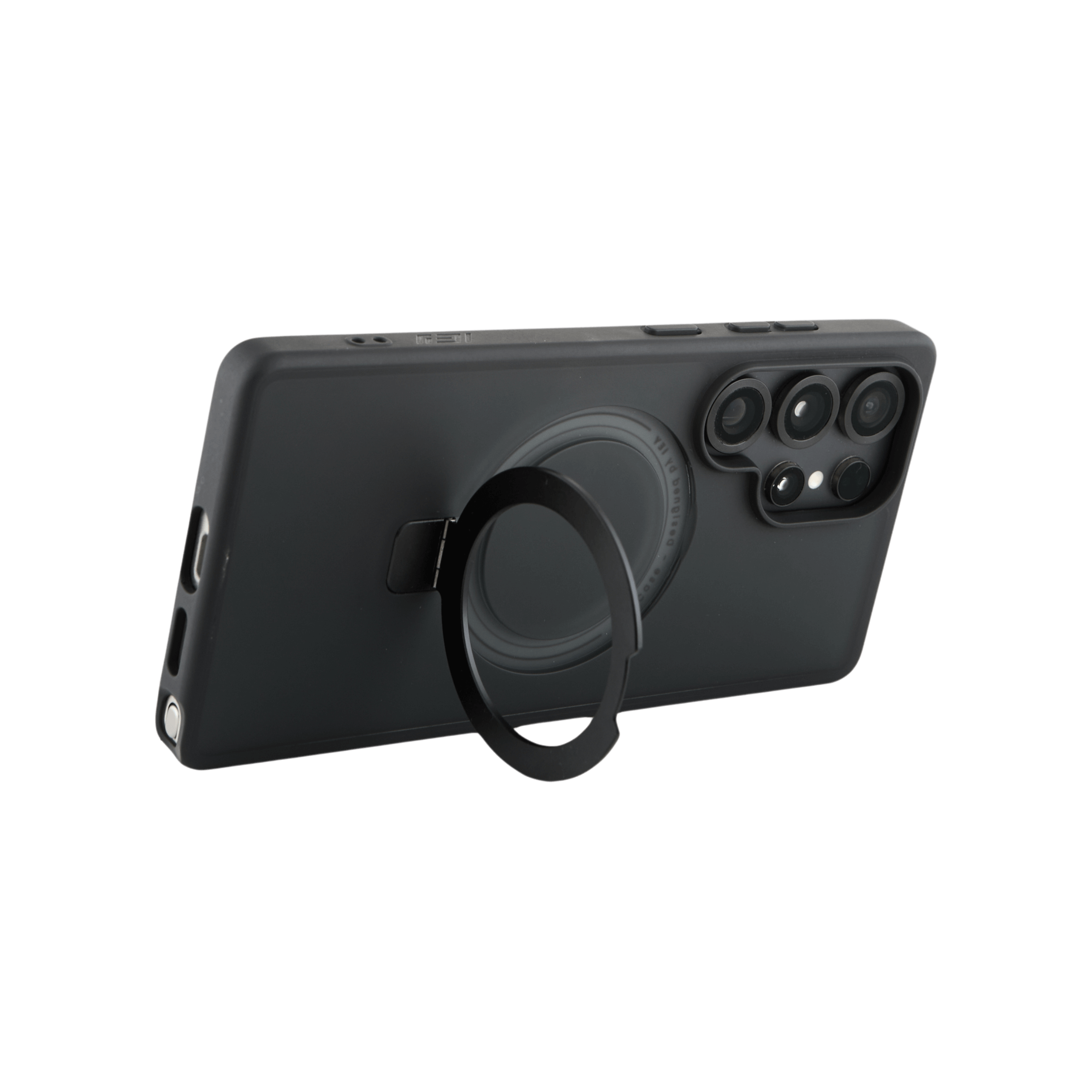 Funda Samsung color negro con aro magnético y soporte desplegado, vista horizontal trasera. #color_negro