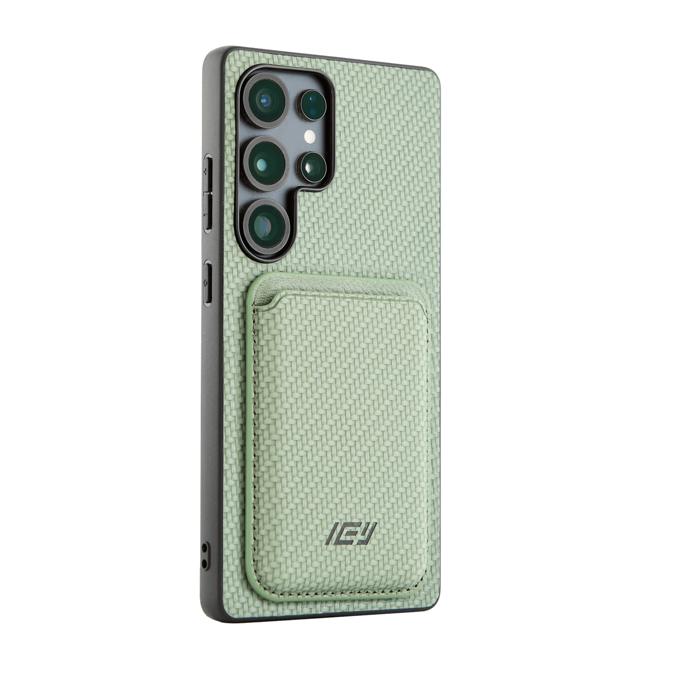 Combo MagSafe verde con funda en Samsung y billetera al costado, ideal para uso diario con estilo. #color_verde