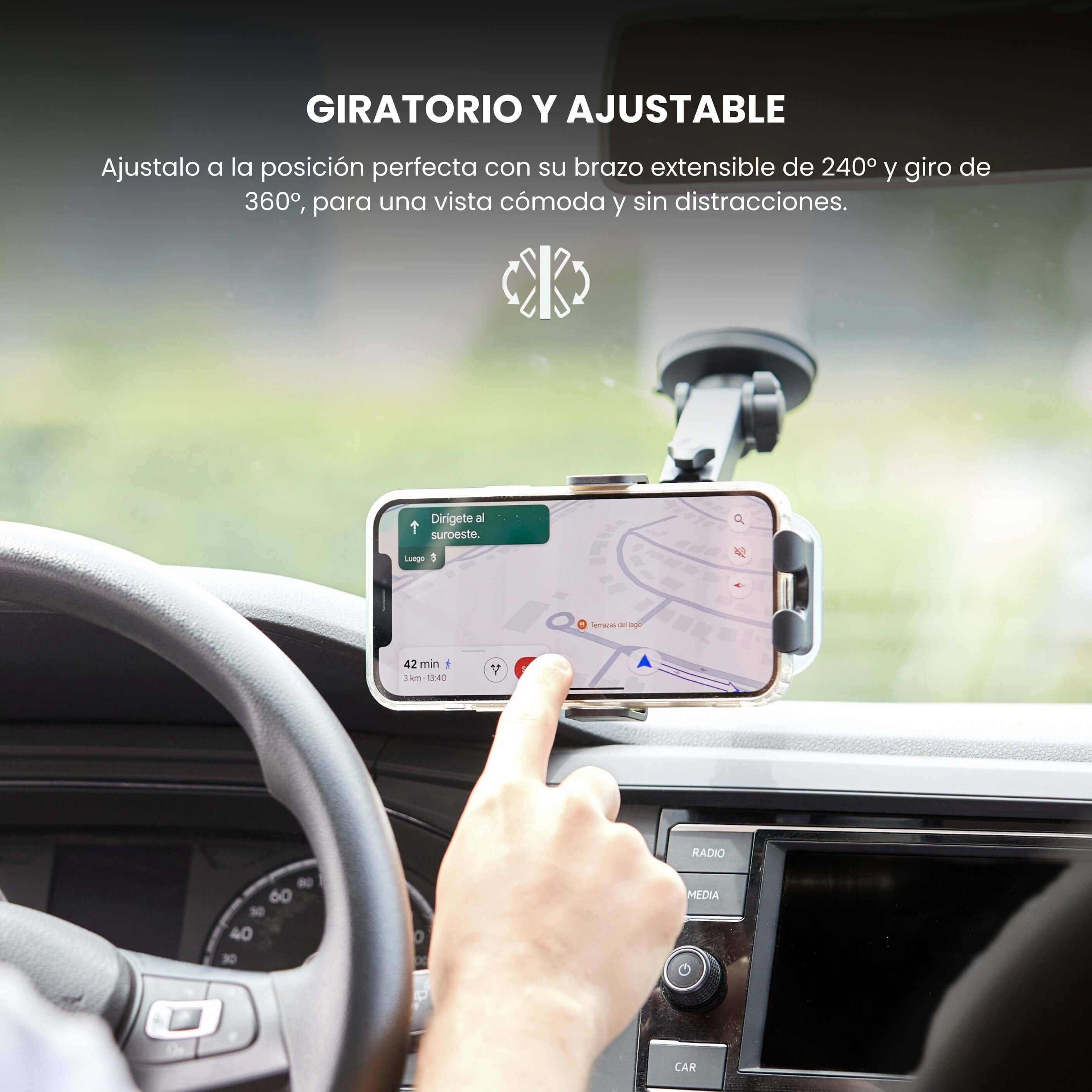 Teléfono en posición horizontal montado en soporte MagMount con brazo flexible y rotación de 360°