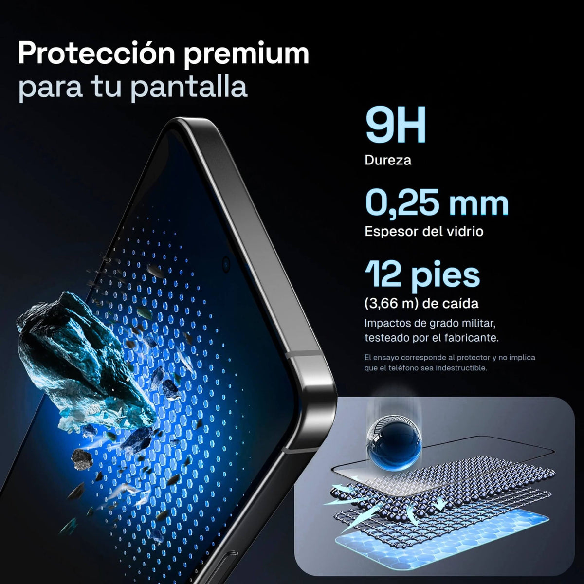 Vidrio templado premium ApplyFit™ para Samsung Galaxy, dureza 9H, espesor de 0,25 mm y resistencia a impactos testeada por el fabricante.