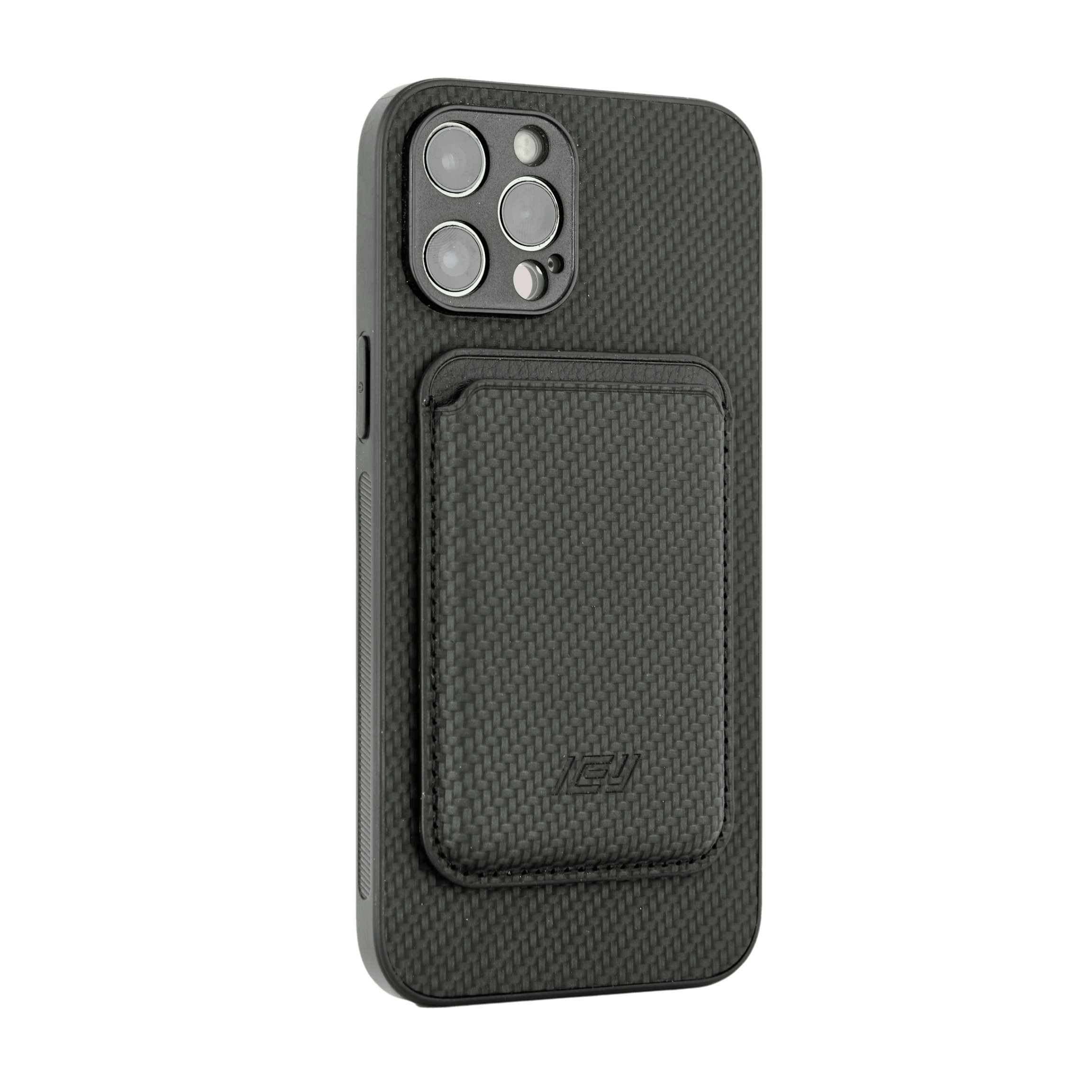 Funda MagSafe Carbon negra con anillo magnético visible, sobre fondo blanco, diseño robusto y elegante. #color_negro