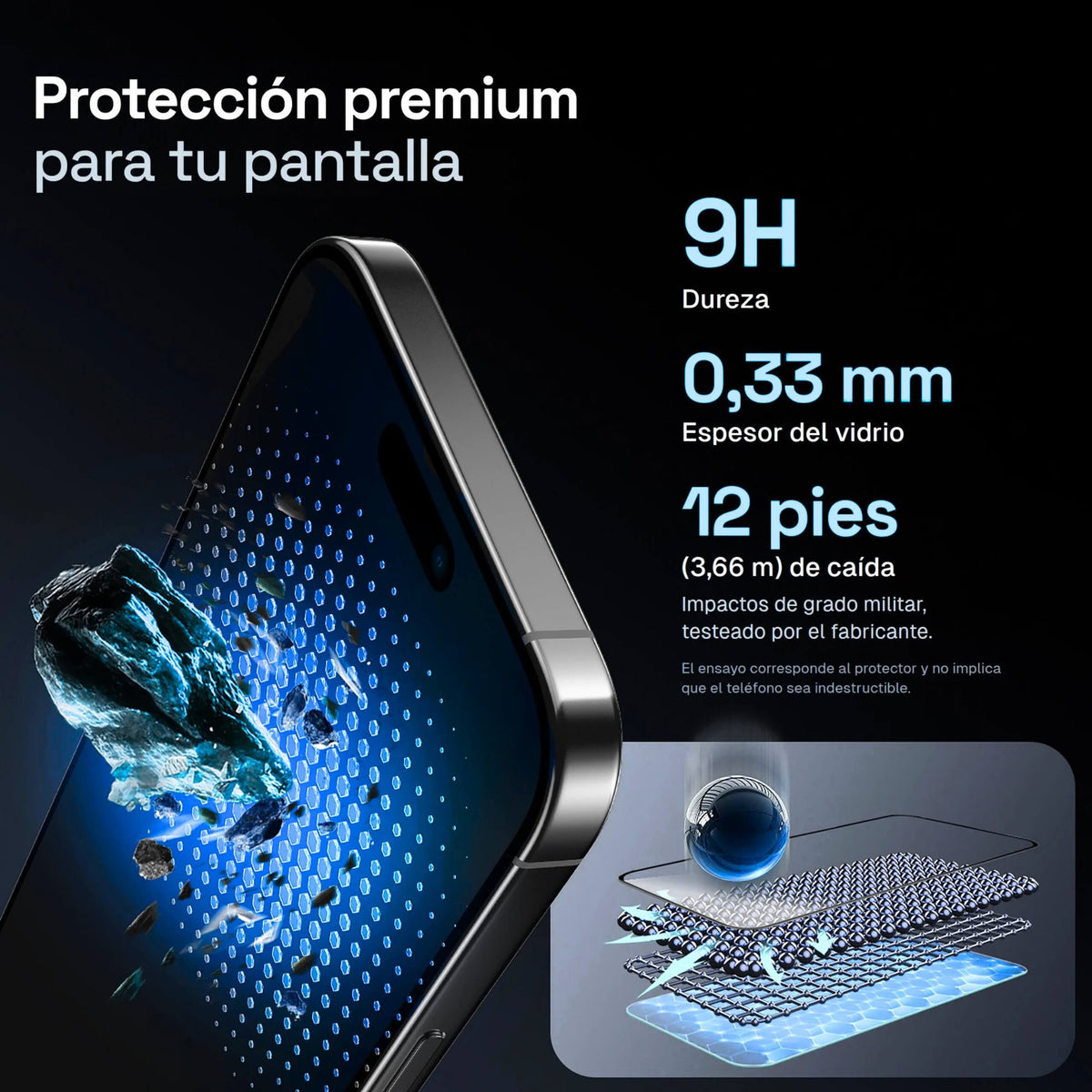 Vidrio templado premium ApplyFit™ para iPhone con dureza 9H, espesor de 0,33 mm y protección contra impactos y rayaduras.