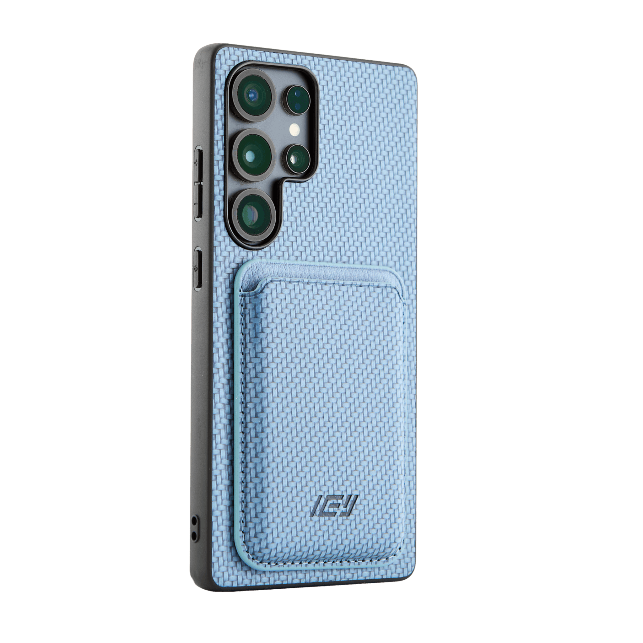 Combo MagSafe en azul claro con funda para Samsung y billetera a juego, perfecto para quienes buscan simplicidad y diseño. #color_azul