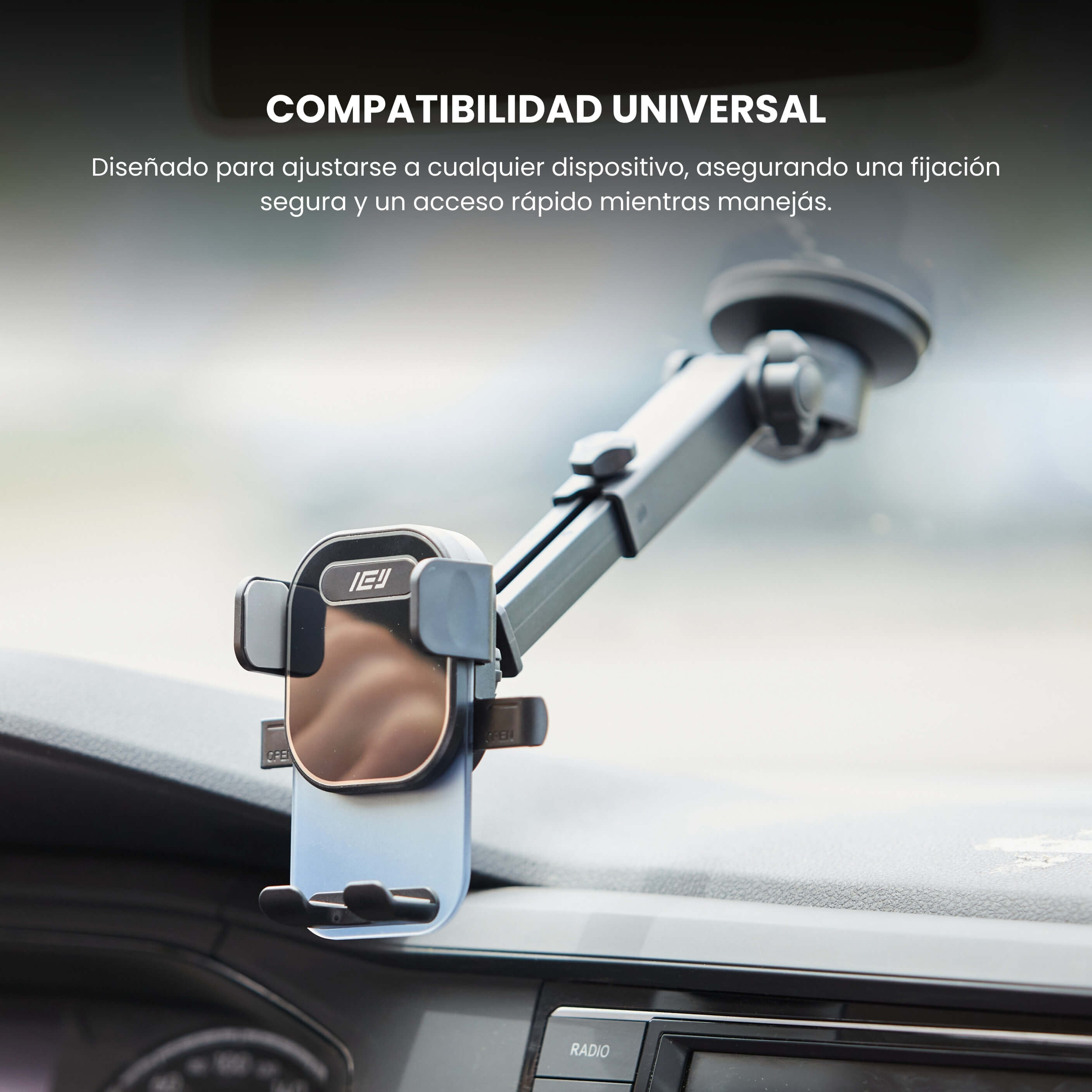 Soporte de auto MagMount fijado en el parabrisas mostrando su compatibilidad con distintos vehículos