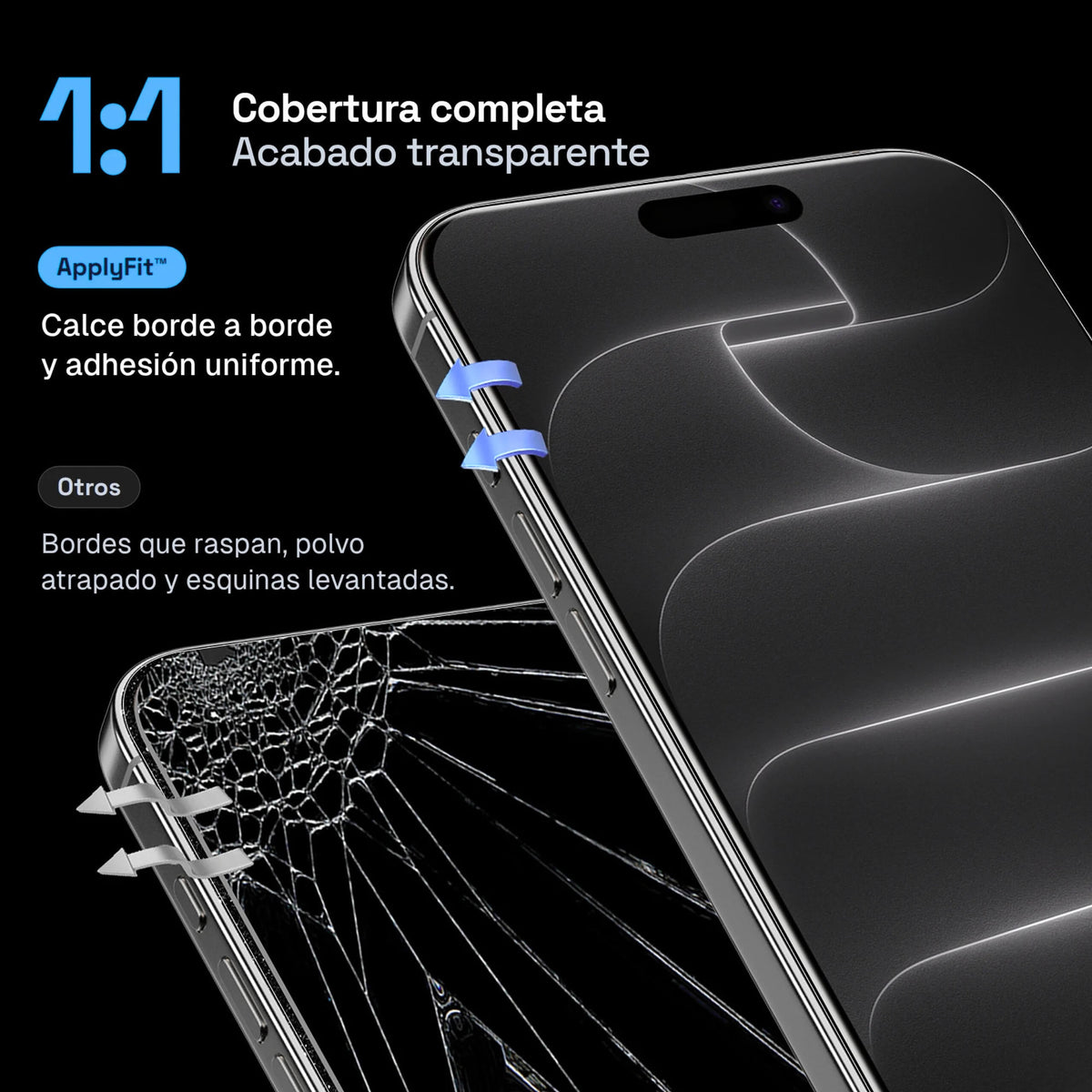Protector de pantalla ApplyFit™ de IEY® con cobertura 1:1, ajuste preciso de borde a borde y acabado transparente para iPhone.