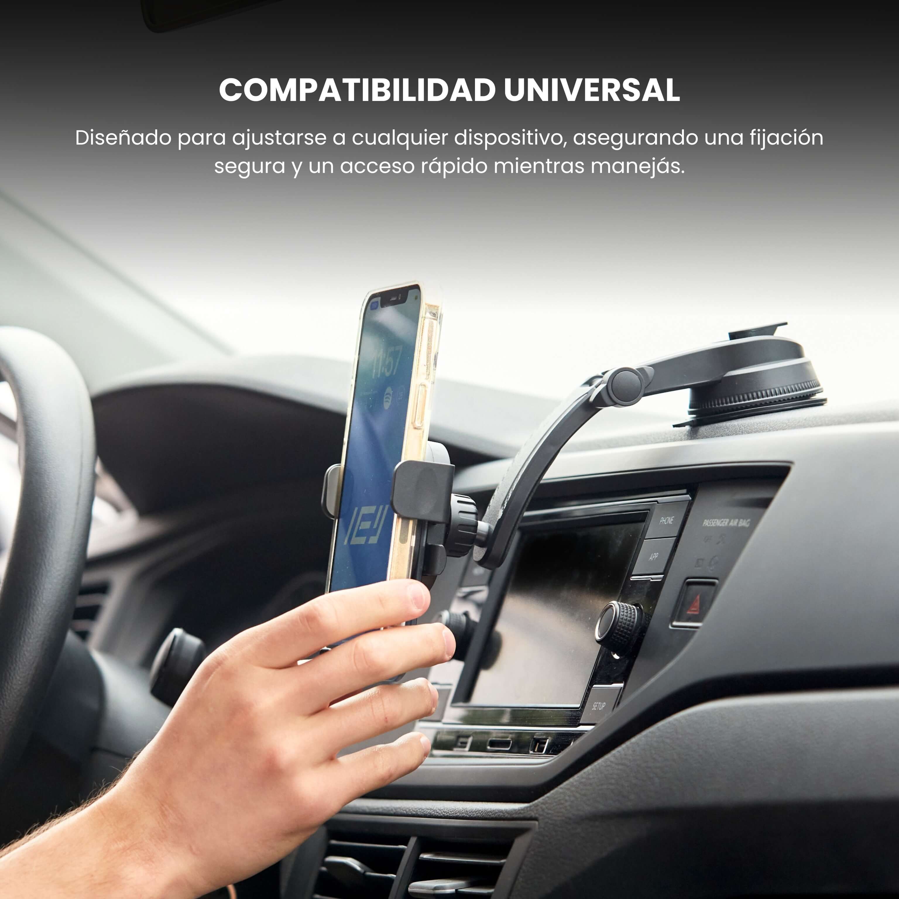 Teléfono colocado verticalmente en el soporte MagMount, mostrando compatibilidad universal con dispositivos