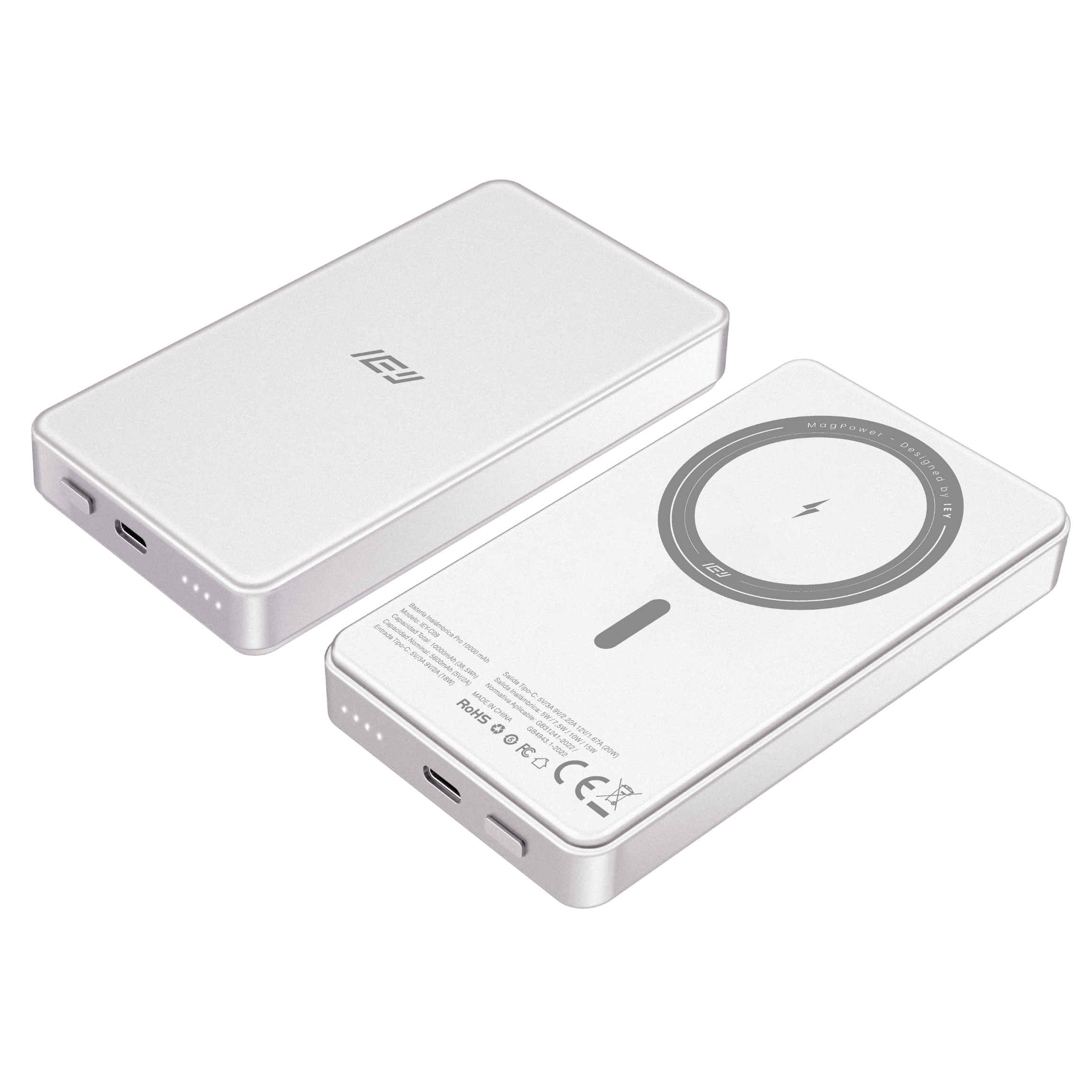 MagPower Power Bank blanco 10000mAh ultrafino con tecnología inalámbrica Qi #color_gris plateado