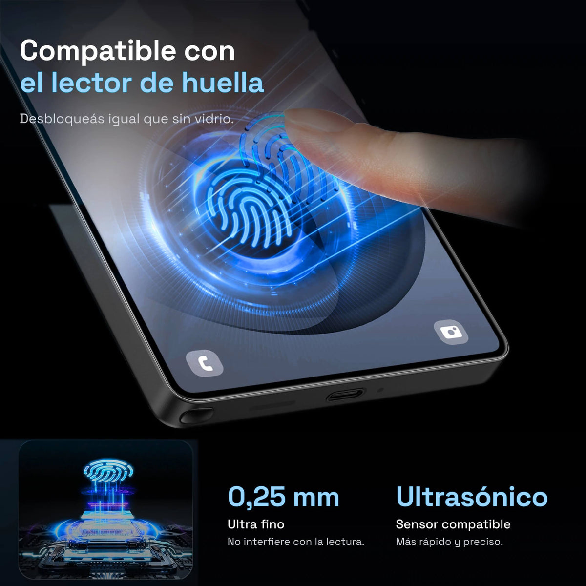 Vidrio templado ApplyFit™ de 0,25 mm compatible con el lector de huellas ultrasónico de Samsung Galaxy.