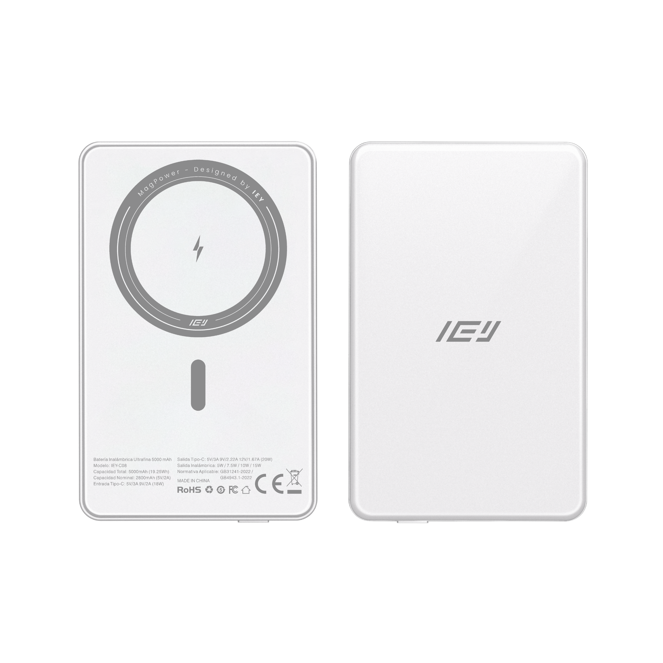 MagPower Power Bank blanco 5000mAh ultrafino con tecnología inalámbrica Qi #color_gris plateado