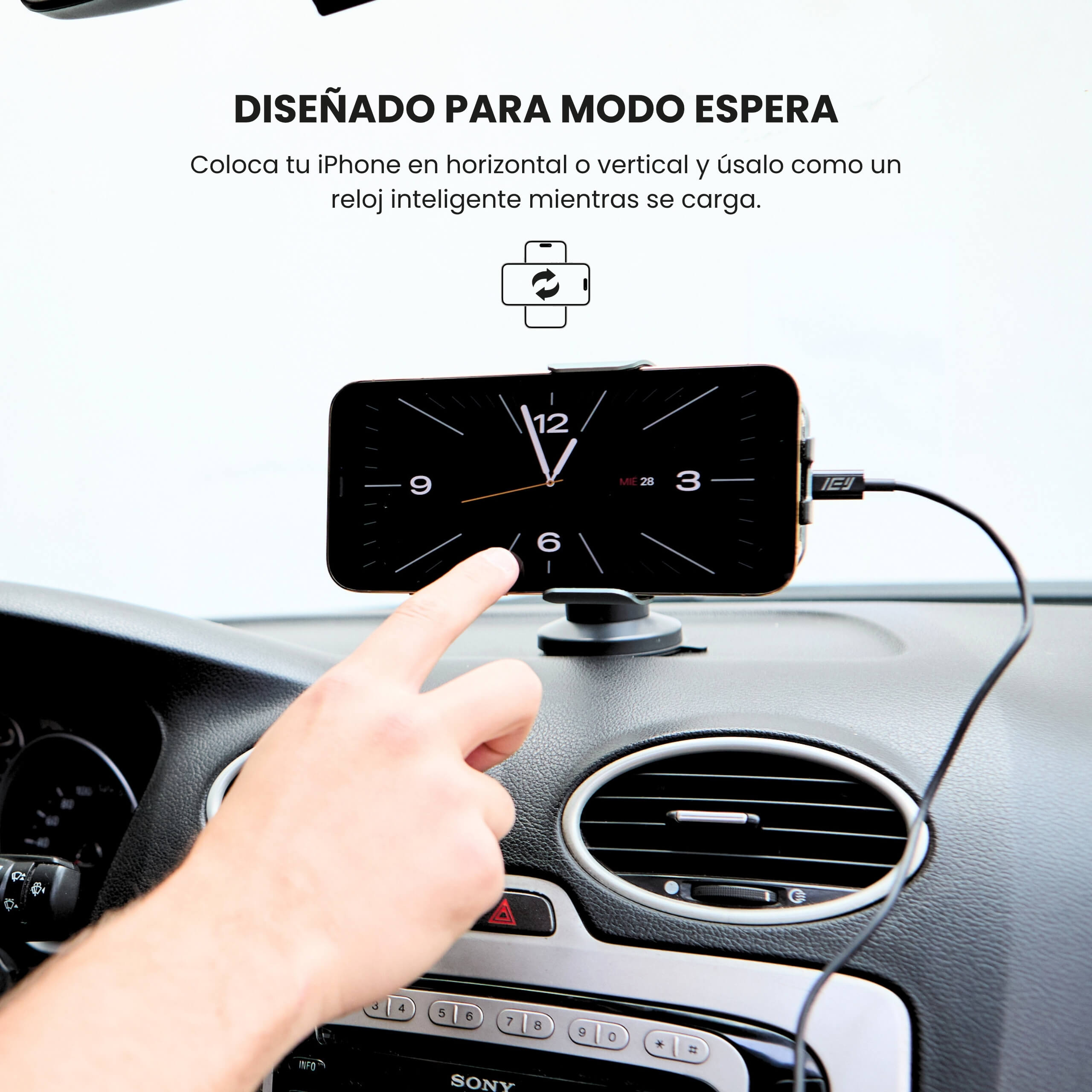 MagCharger Car con brazo extensible instalado en el parabrisas de un automóvil.