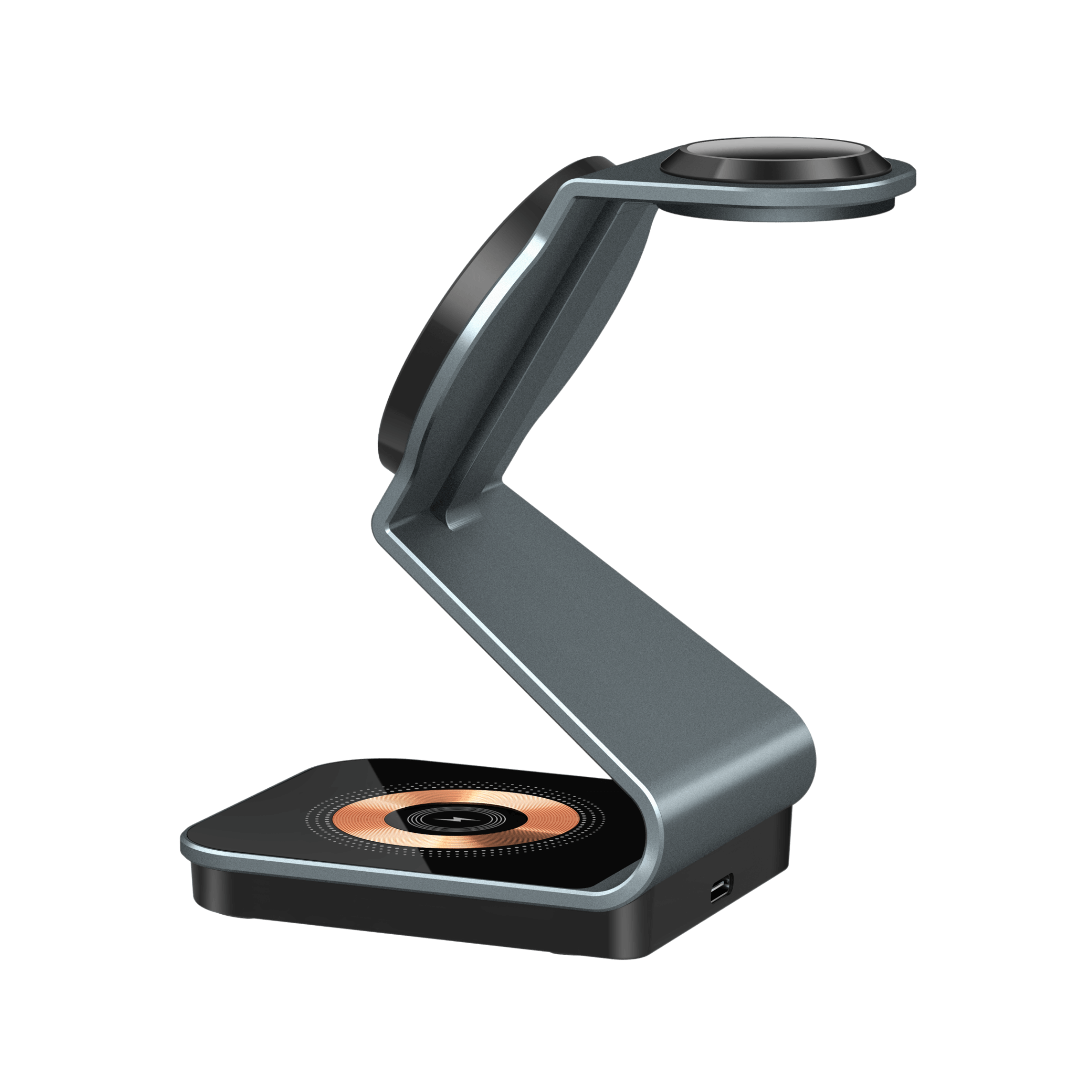 Vista lateral del cargador MagCharger con diseño compacto y soporte magnético #color_gris azulado