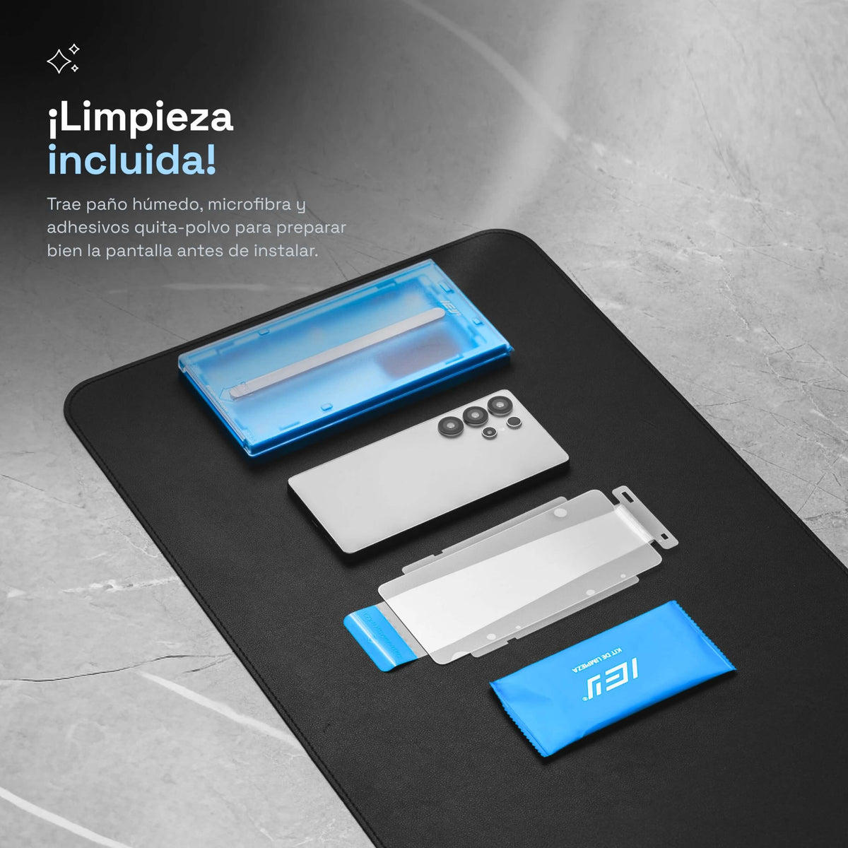 Kit de limpieza ApplyFit™ para Samsung Galaxy con aplicador azul, paño húmedo y accesorios para preparar la pantalla antes de instalar el vidrio.