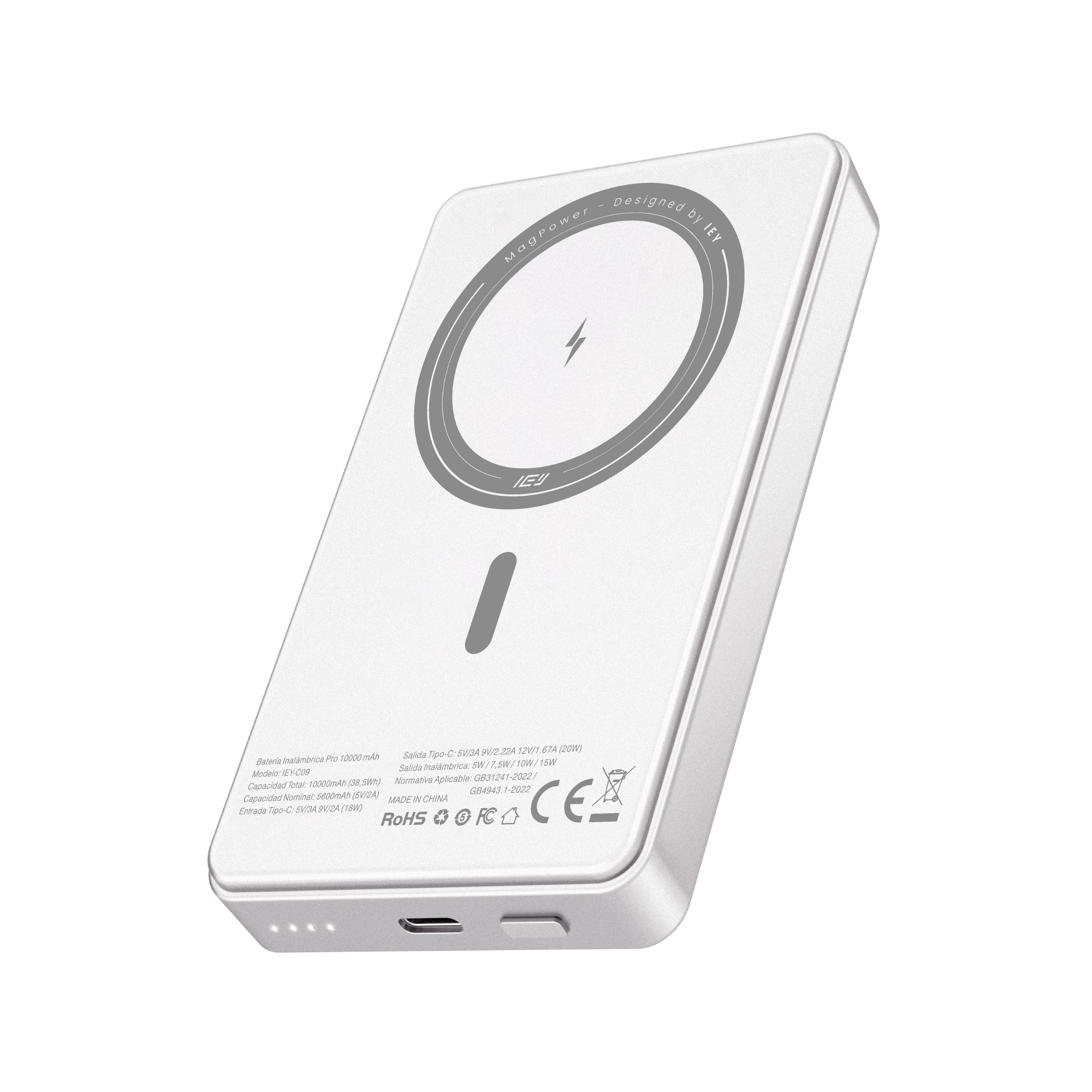 Power Bank de 10000 mAh de la marca IEY, carga rápida 15w con tecnología MagSafe #color_gris plateado