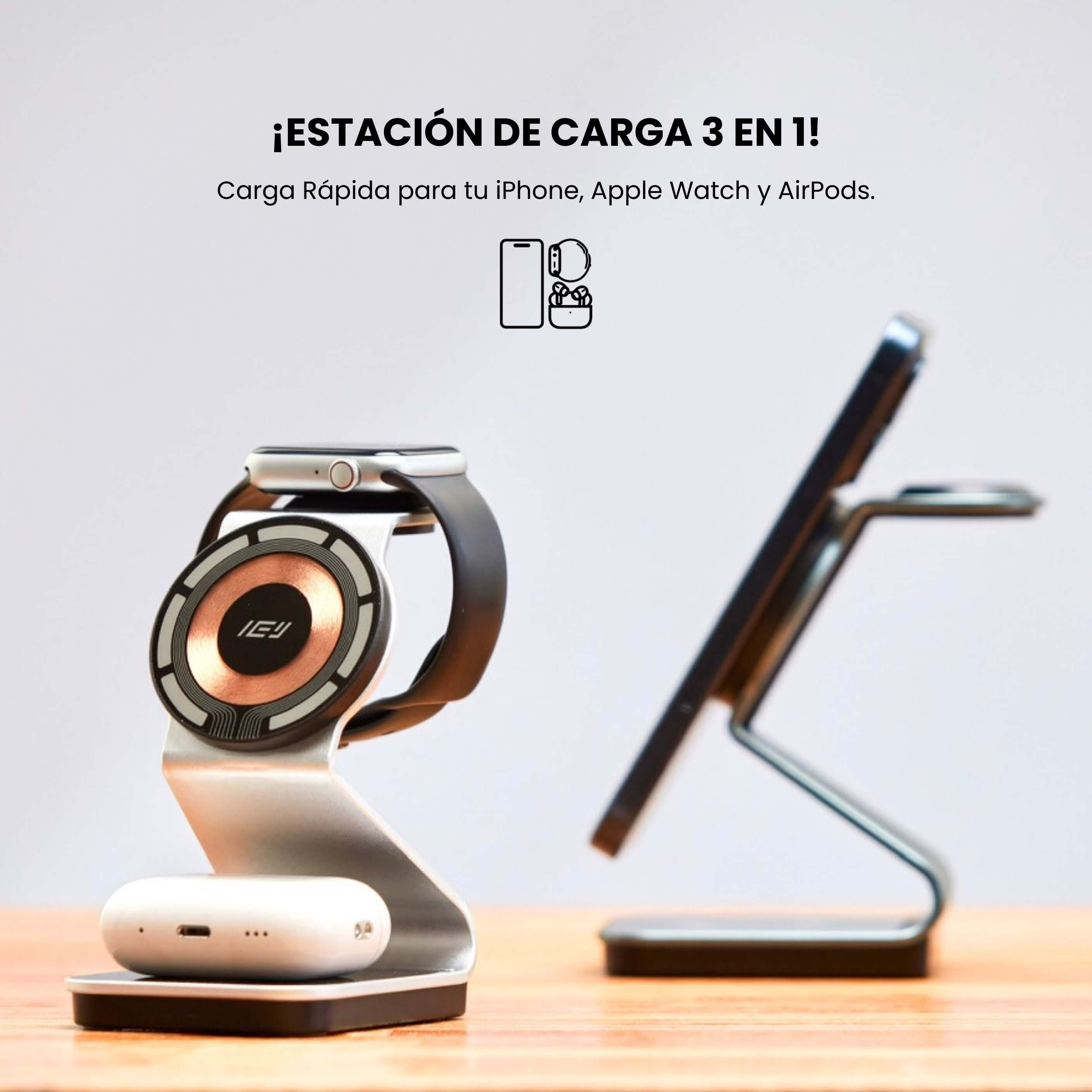 Estación de carga inalámbrica 3 en 1 MagSafe en escritorio minimalista con iPhone y Apple Watch #color_gris plateado