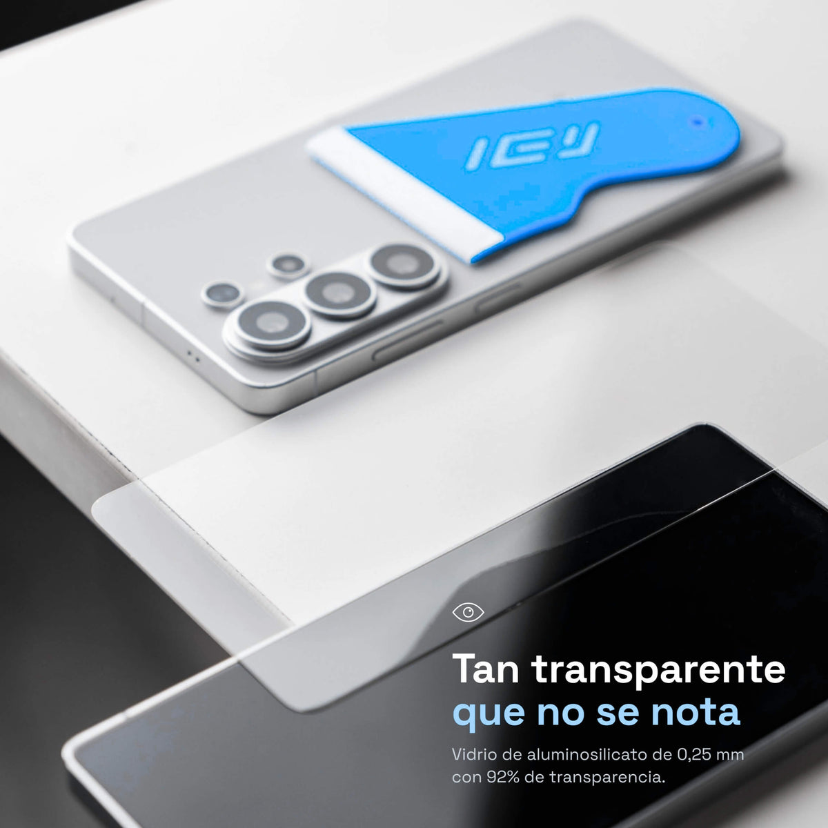 Vidrio templado ApplyFit™ de aluminosilicato para Samsung Galaxy, espesor de 0,25 mm y 92% de transparencia.
