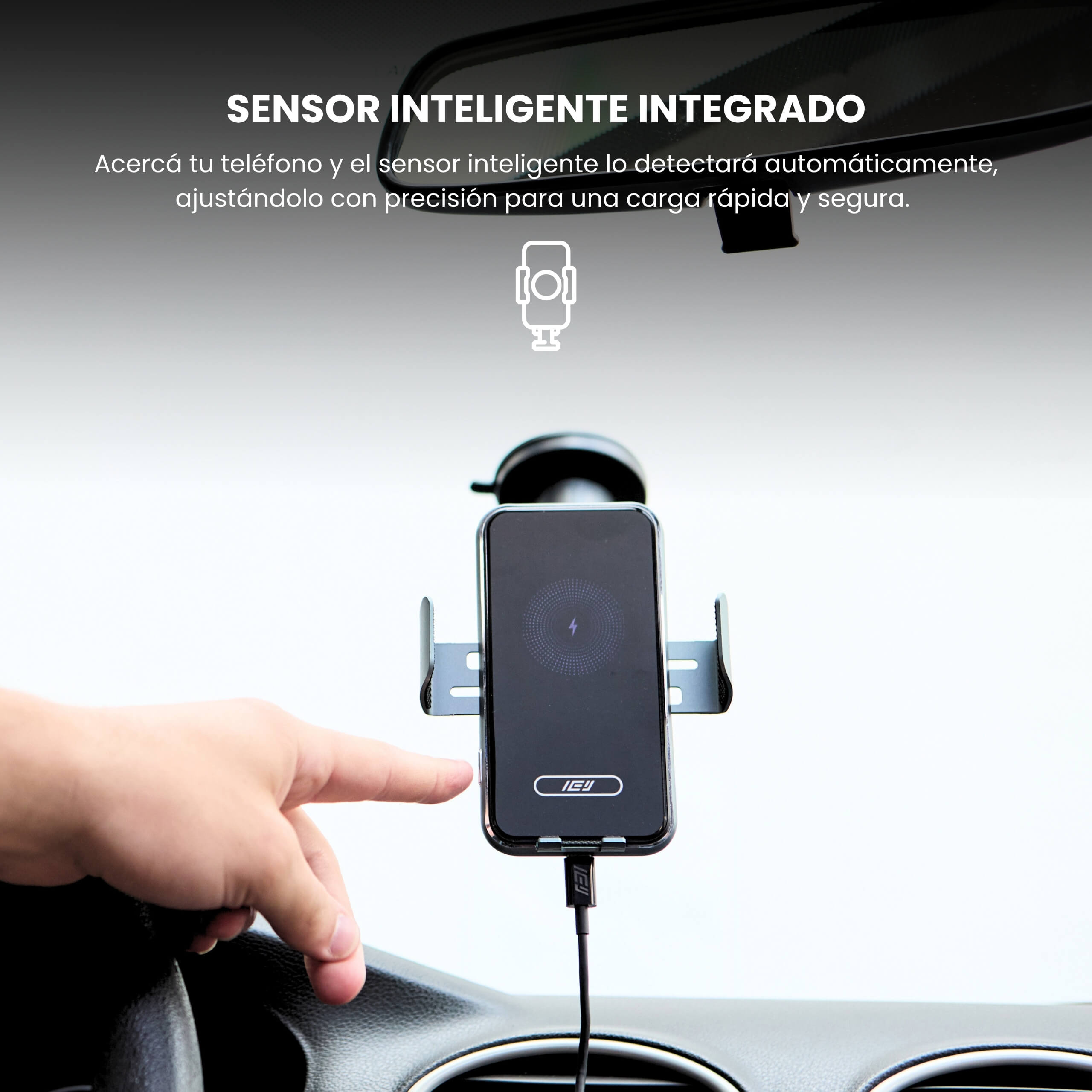 Cargador inalámbrico MagSafe para auto con brazo extensible y fijación por sopapa.