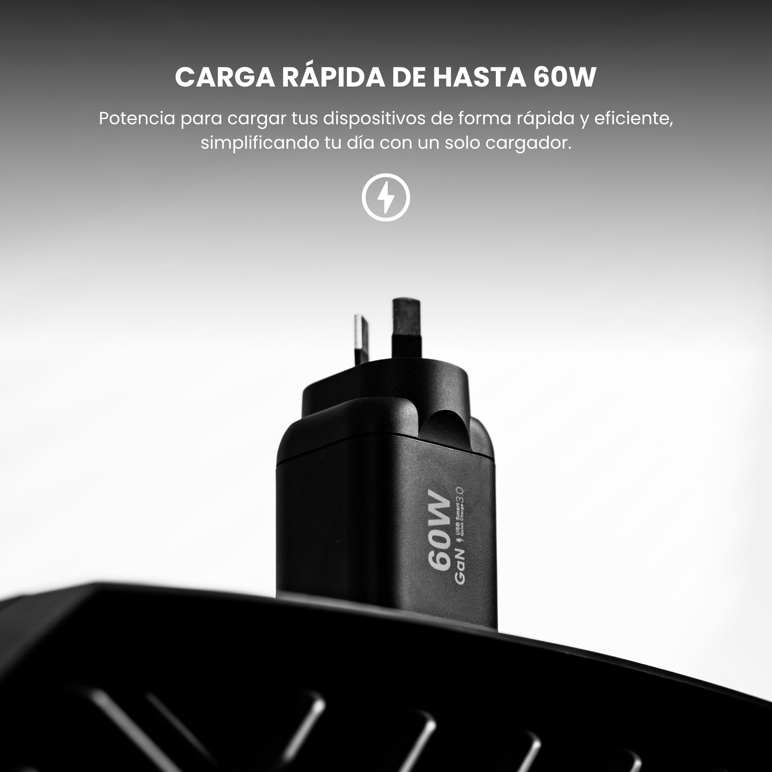 Cargador GaN USB-C 60W IEY® negro con diseño compacto y carga rápida #color_negro