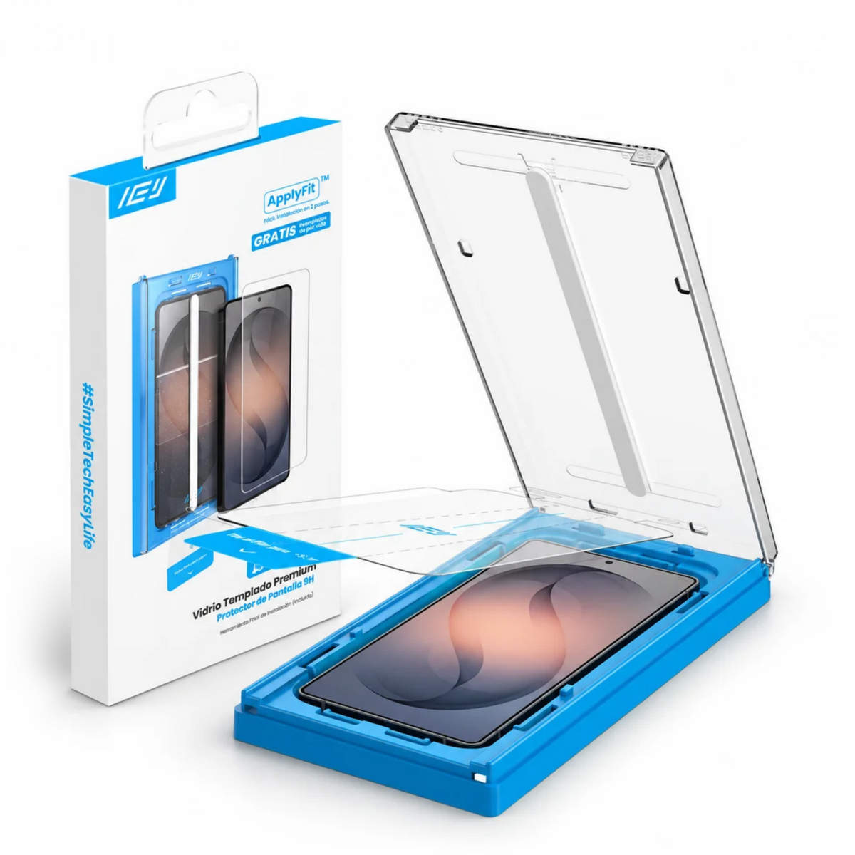 Vidrio templado ApplyFit™ de IEY® para Samsung Galaxy, con packaging original y aplicador de instalación guiada incluido.