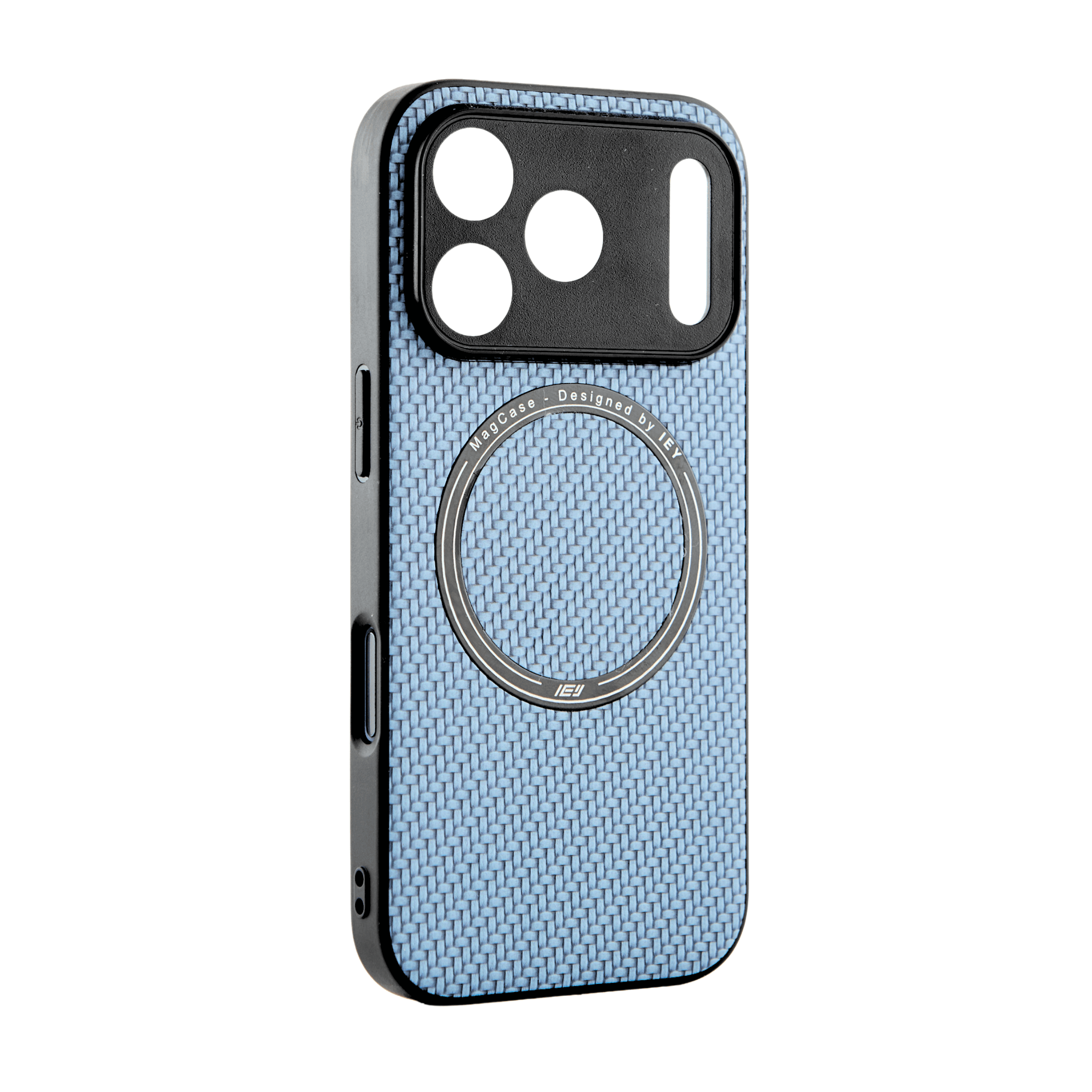 Funda MagSafe texturizada en vista frontal, diseño azul con acabado fibra de carbono y aro imantado grabado con logo IEY #color_azul