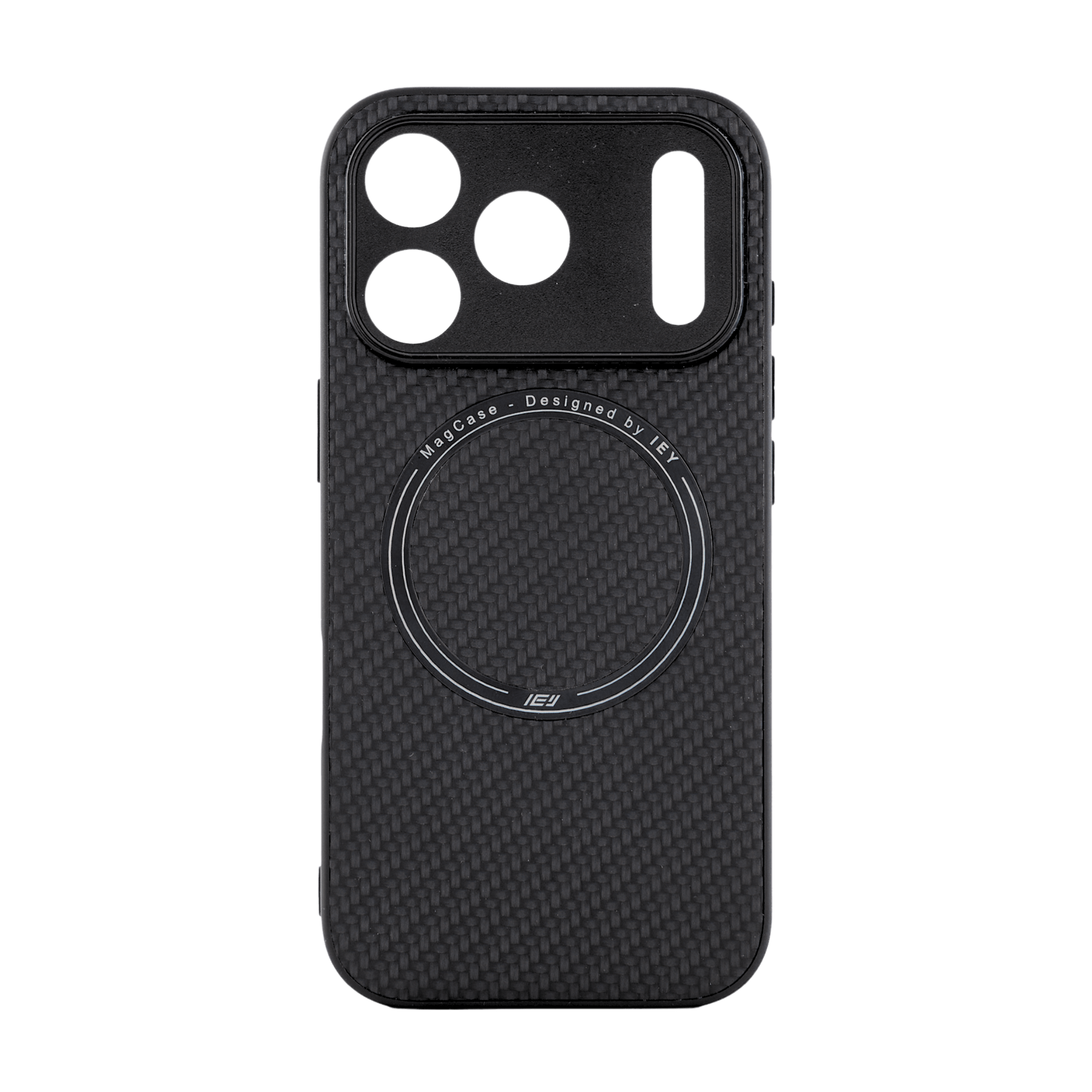 Funda MagSafe texturizada en vista frontal, diseño negro con acabado fibra de carbono y aro imantado grabado con logo IEY #color_negro