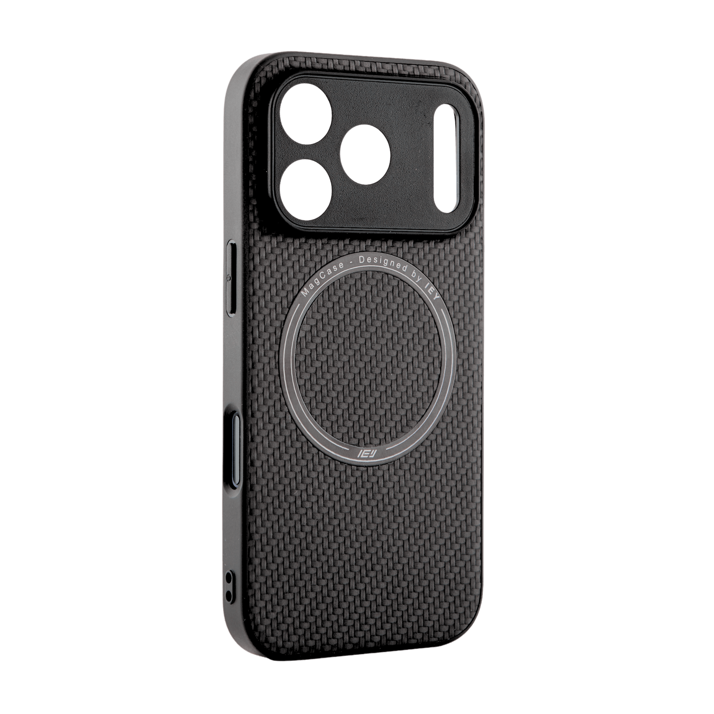 Funda MagSafe texturizada en vista diagonal, diseño negro con acabado fibra de carbono y aro imantado grabado con logo IEY #color_negro