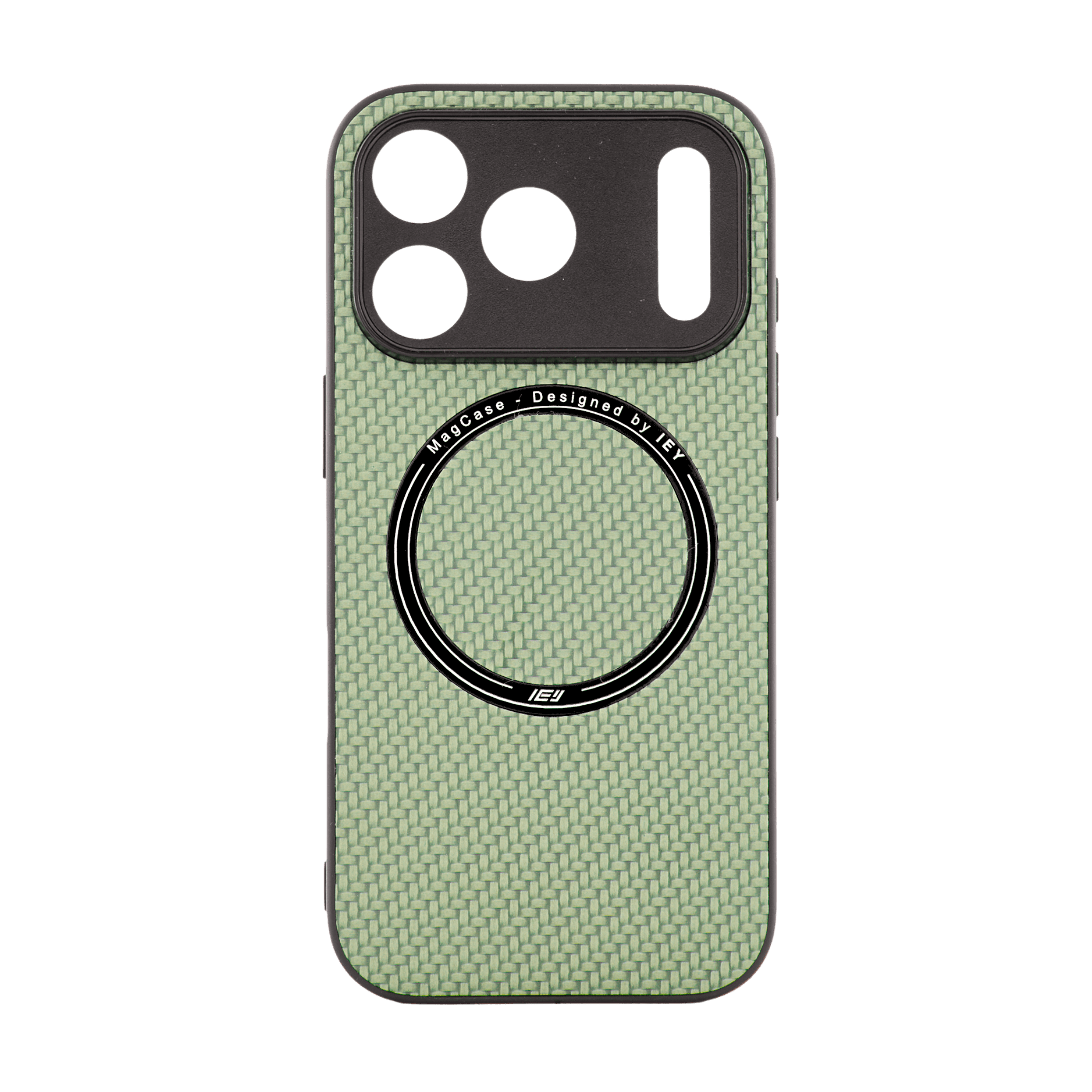 Funda MagSafe texturizada en vista frontal, diseño verde con acabado fibra de carbono y aro imantado grabado con logo IEY #color_verde