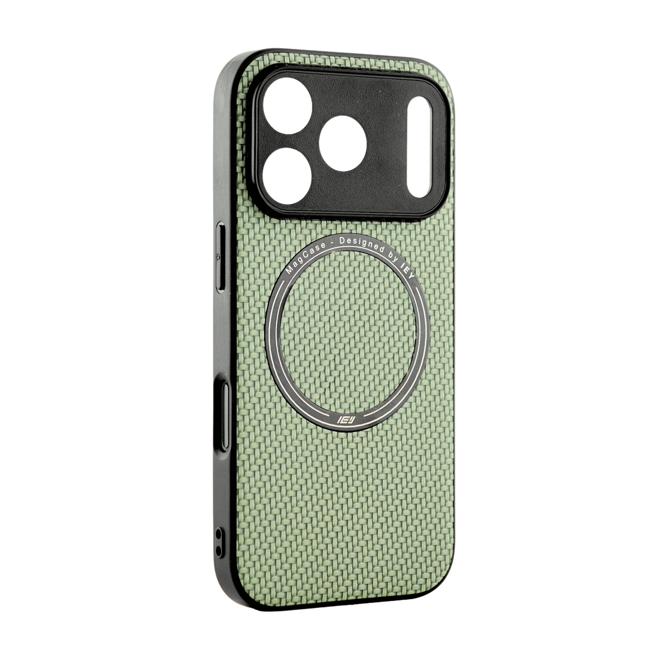 Funda MagSafe texturizada en vista frontal, diseño verde con acabado fibra de carbono y aro imantado grabado con logo IEY #color_verde
