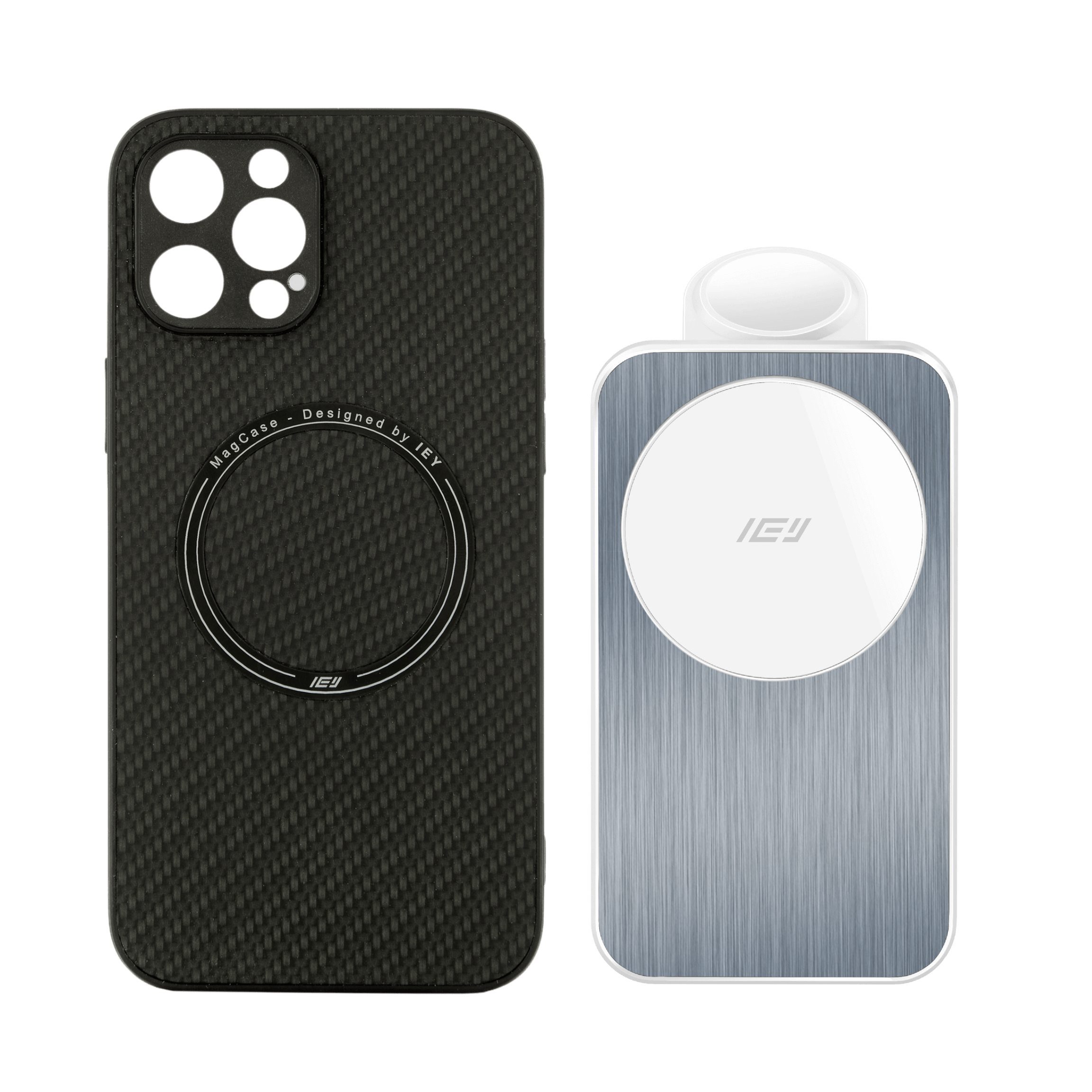 Combo MagSafe IEY con funda transparente y estación de carga inalámbrica plegable, diseño minimalista y premium. #color_blanco