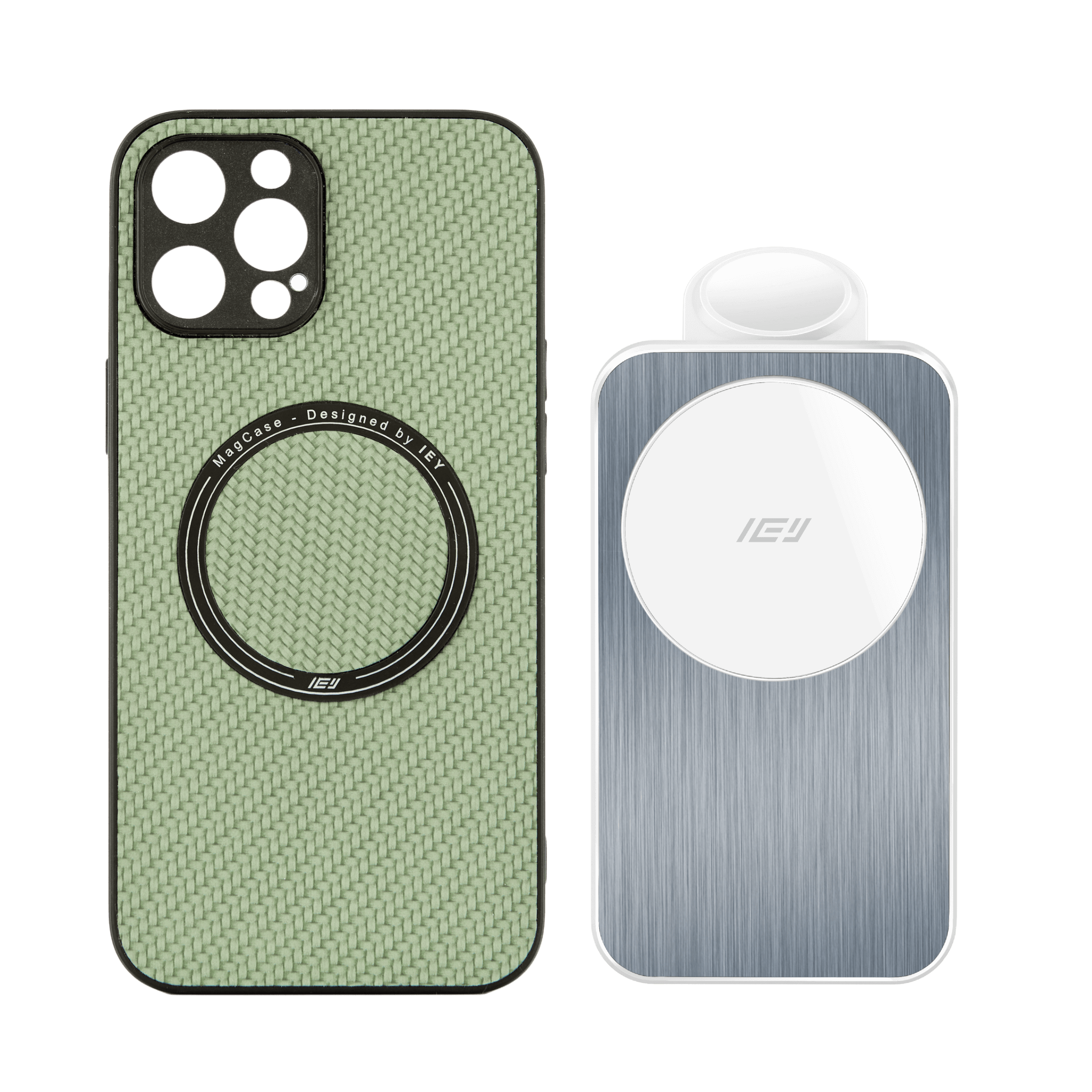 Combo MagSafe IEY con funda transparente y estación de carga inalámbrica plegable, diseño minimalista y premium. #color_blanco