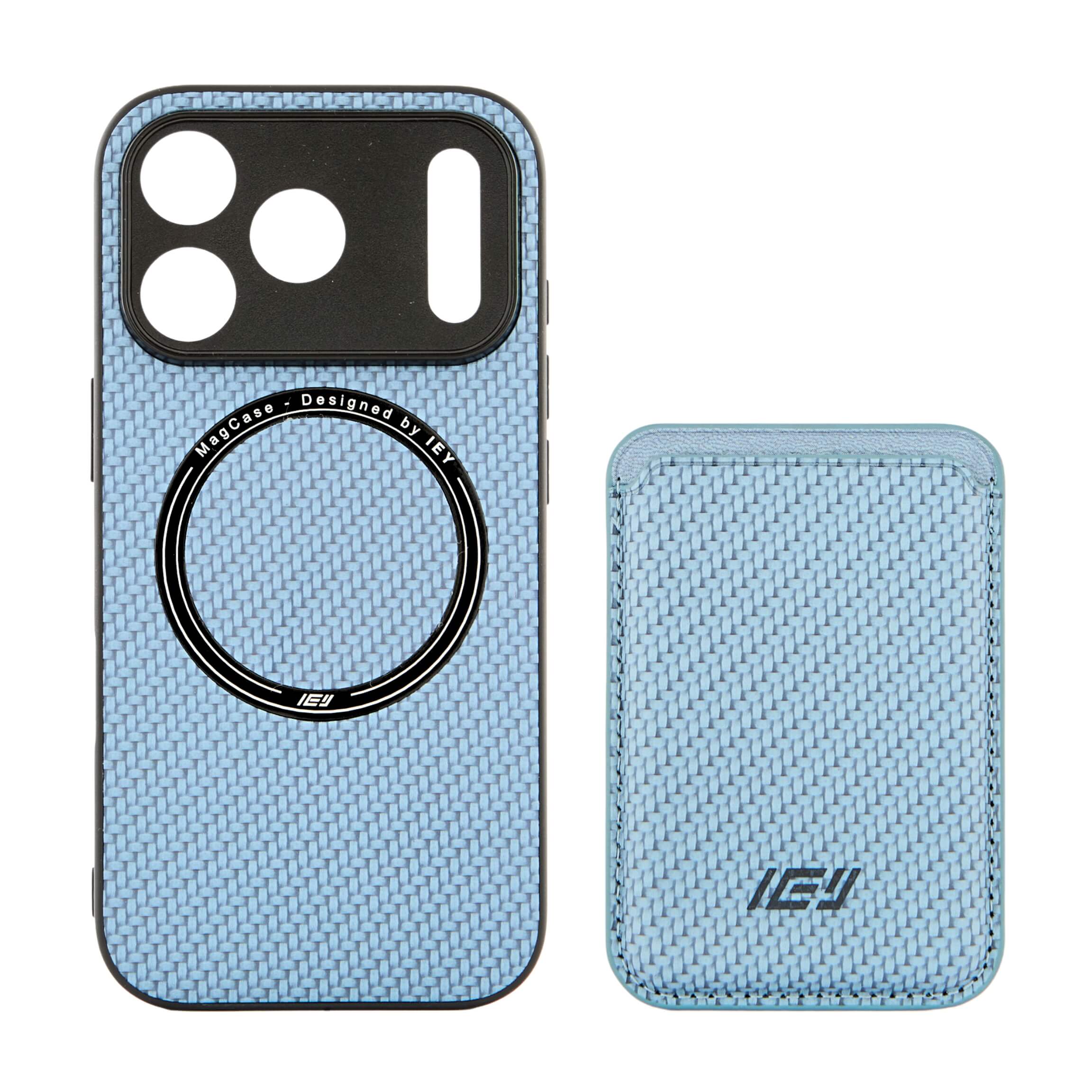 Combo MagSafe azul iPhone 17 con anillo magnético visible, incluye funda y billetera en tonos a juego. #color_azul