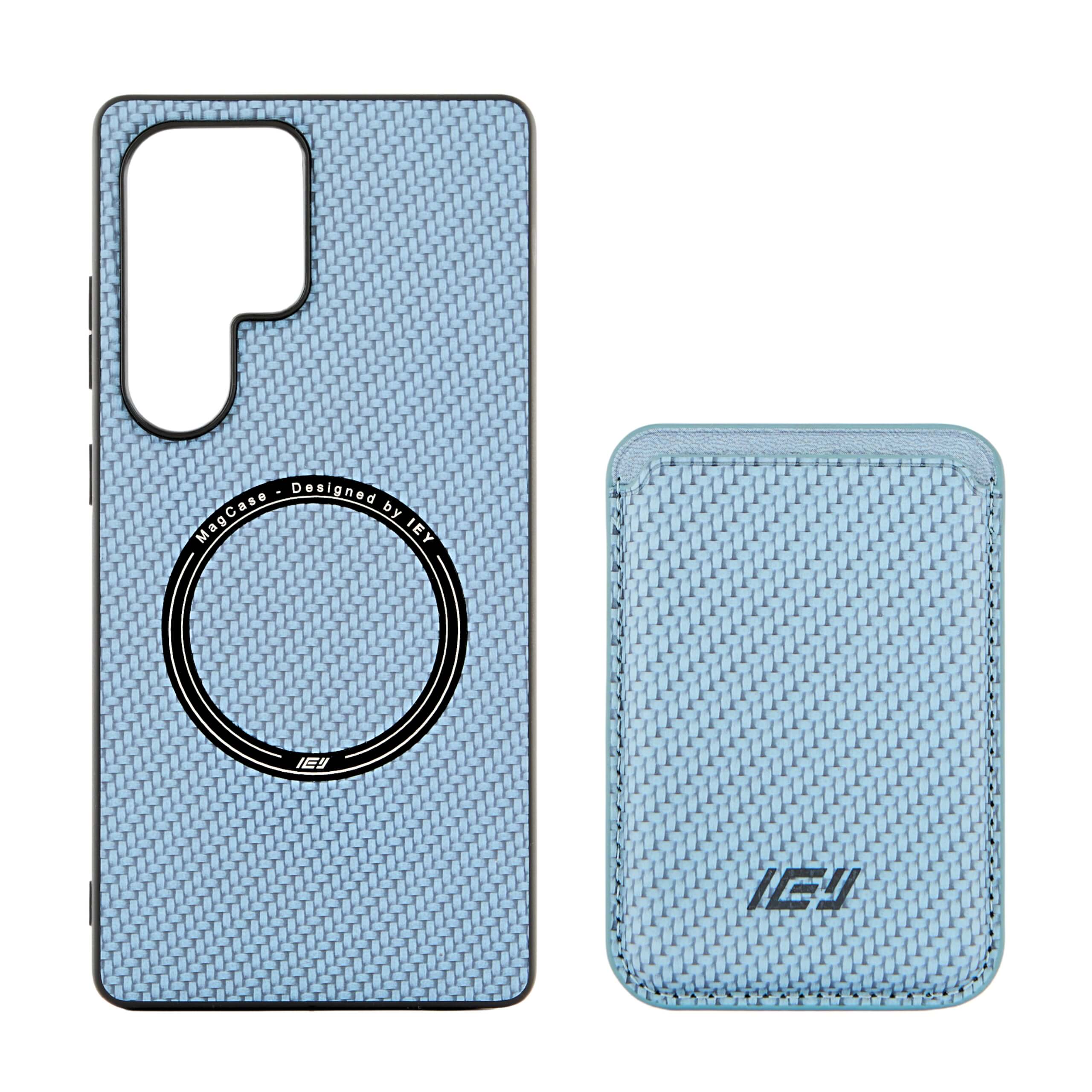 Combo MagSafe azul con anillo magnético visible, incluye funda y billetera en tonos a juego. #color_azul