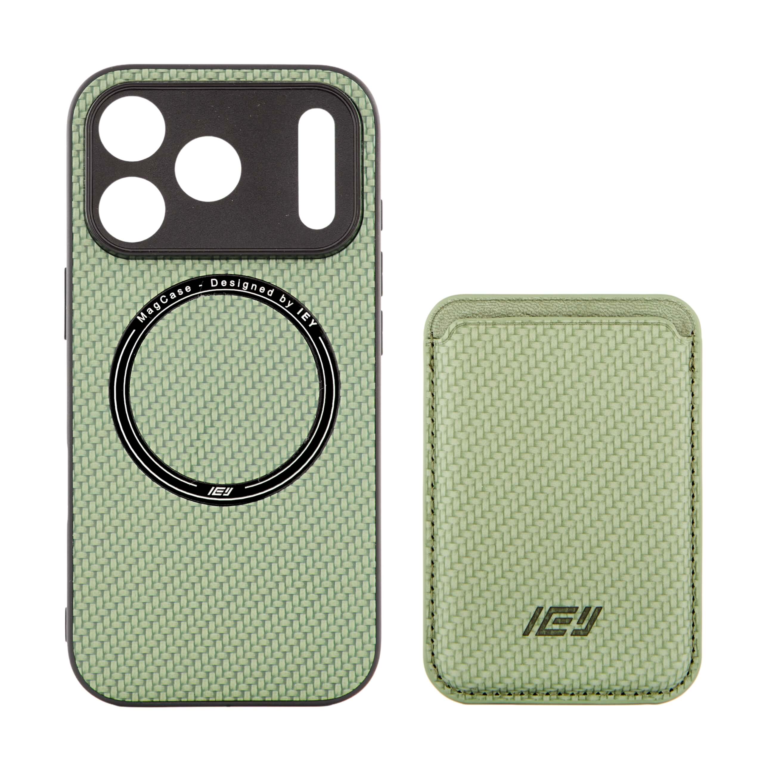 Combo MagSafe en color verde con funda para iPhone 17 y billetera, mostrando el anillo magnético visible. #color_verde