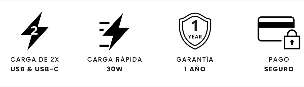 Beneficios del producto: carga de 2x usb y usb-c. carga rapida 30w , garantía de 1 año y pago seguro.