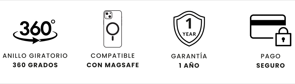 Beneficios del producto: anillo giratorio 360° , compatible con MagSafe, garantía de 1 año y pago seguro.