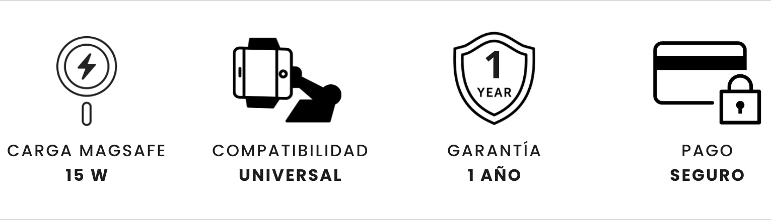 Iconos de funciones del MagCharger Car IEY: carga rápida, estabilidad y compatibilidad
