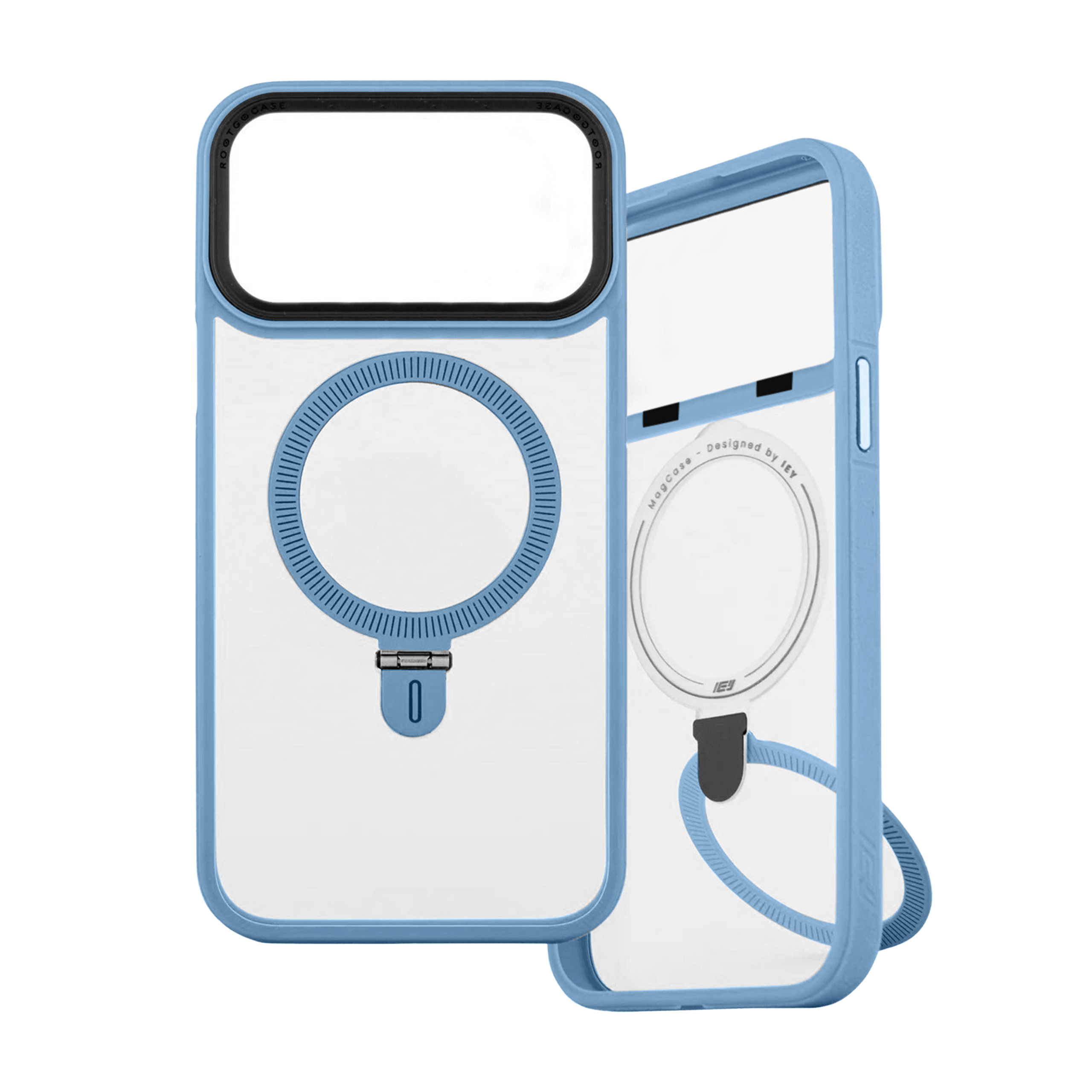 Funda transparente con bordes azules, anillo magnético MagSafe y soporte tipo ring grip, vista frontal y trasera del producto #color_azul