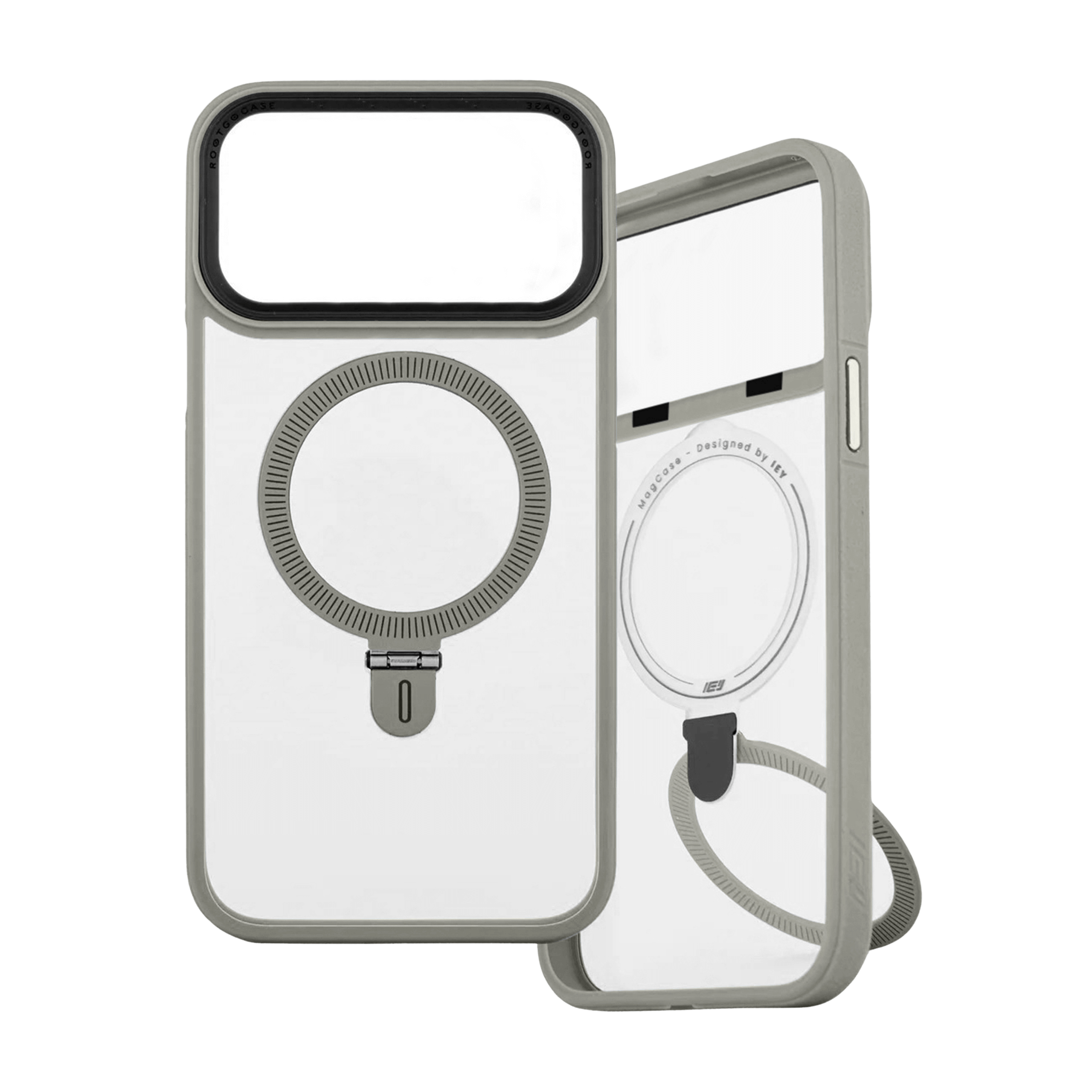 Funda MagSafe transparente con bordes grises y anillo integrado, incluye soporte trasero tipo ring grip del mismo color #color_gris