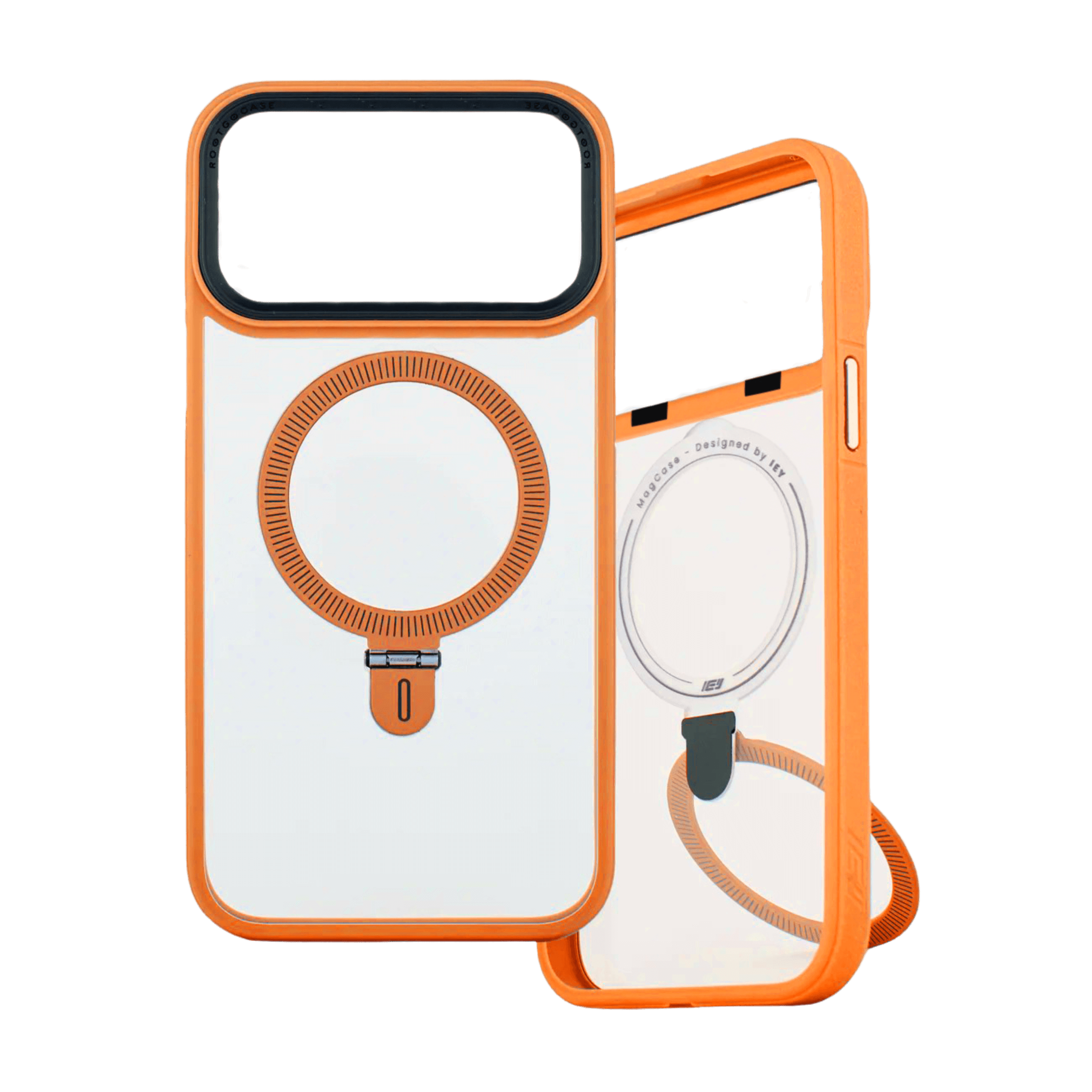 Funda MagSafe transparente con bordes naranja y anillo integrado, incluye soporte trasero tipo ring grip del mismo color #color_naranja