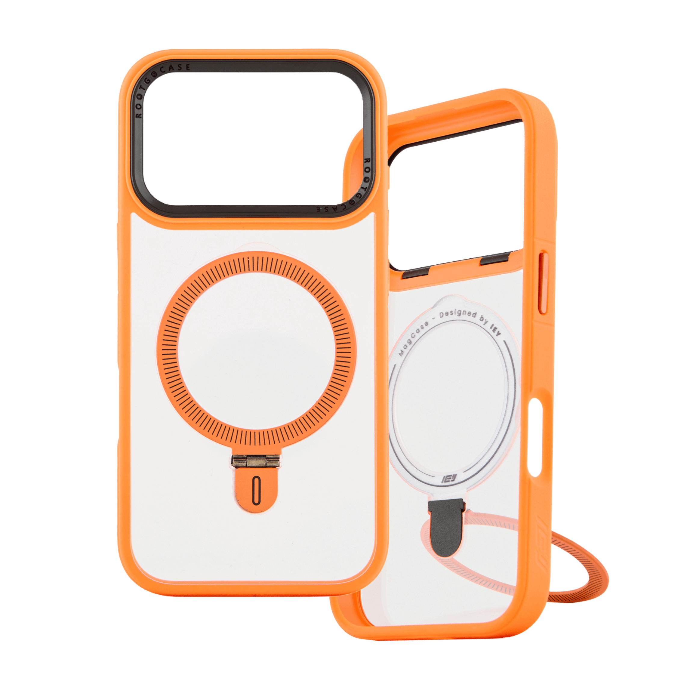 Funda MagSafe transparente con bordes naranja y anillo integrado, incluye soporte trasero tipo ring grip del mismo color #color_naranja